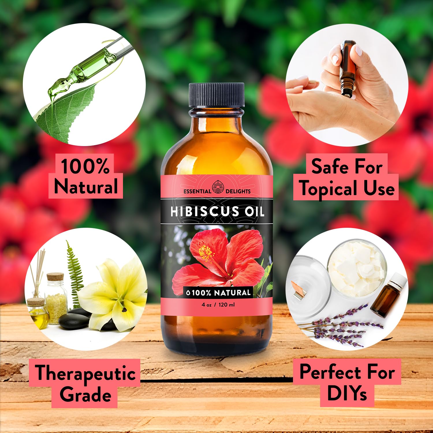 Essential Delights aceite hibiscus aplicación en manos, aporta hidratación visible