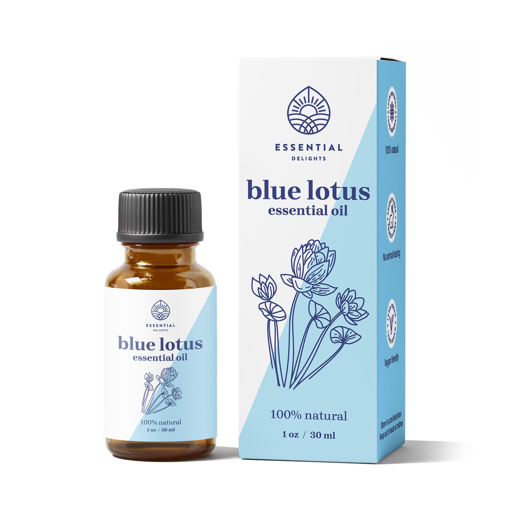 Essential Delights frasco frontal de loto azul muestra envase ámbar y cuentagotas