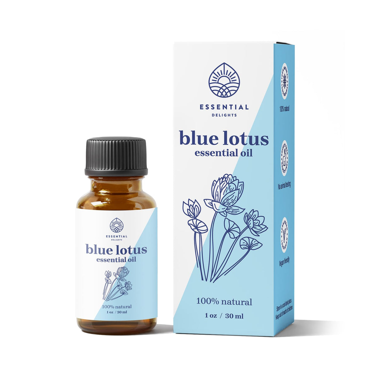 Essential Delights frasco frontal de loto azul muestra envase ámbar y cuentagotas
