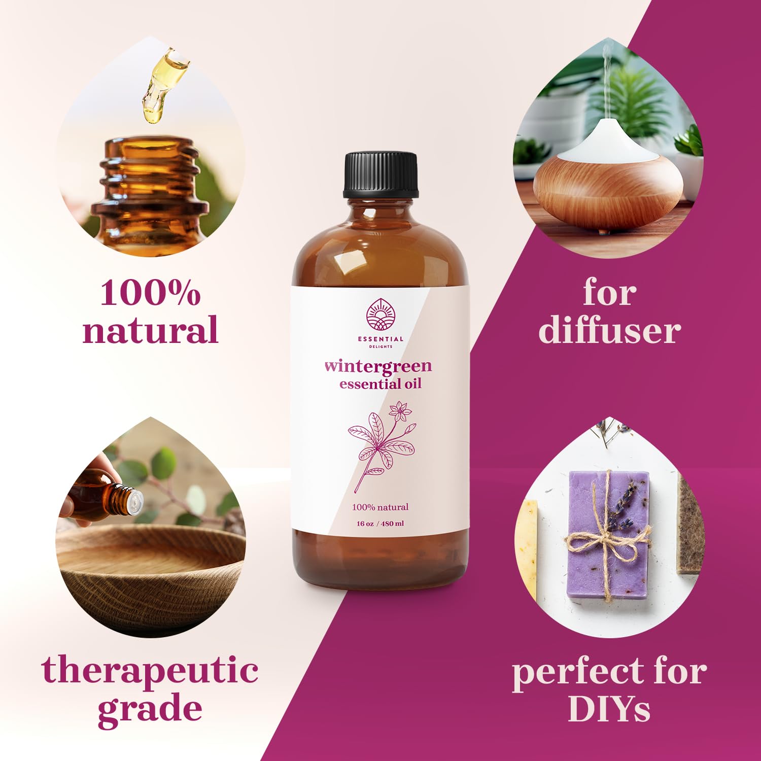 Essential Delights aceite Wintergreen en uso vertido en recipientes para velas beneficio ahorro