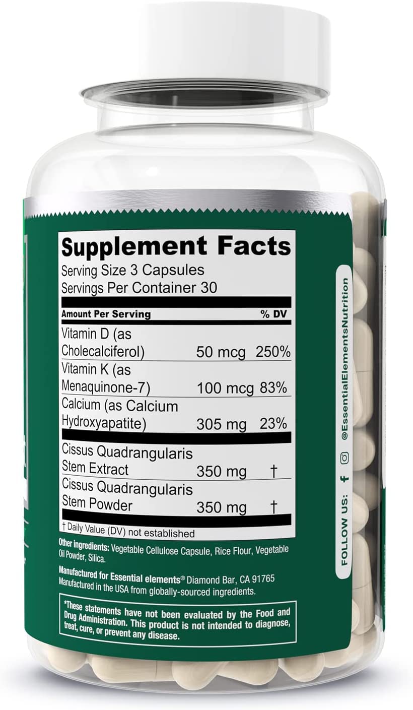Essential Elements etiqueta abierta con tabla nutricional y beneficios del producto