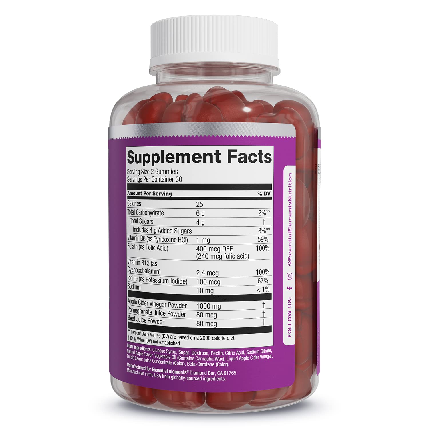 Essential Elements etiqueta nutricional enfocada en ingredientes y dosis por porción
