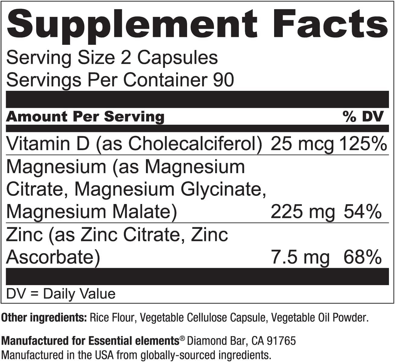 Essential Elements lista de ingredientes enfocada en magnesio, zinc y D3