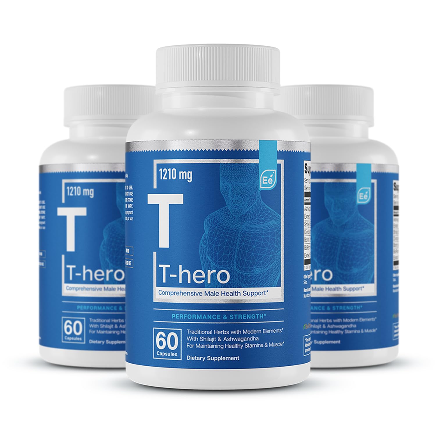 Essential Elements T-Hero vista frontal del frasco y beneficios claros