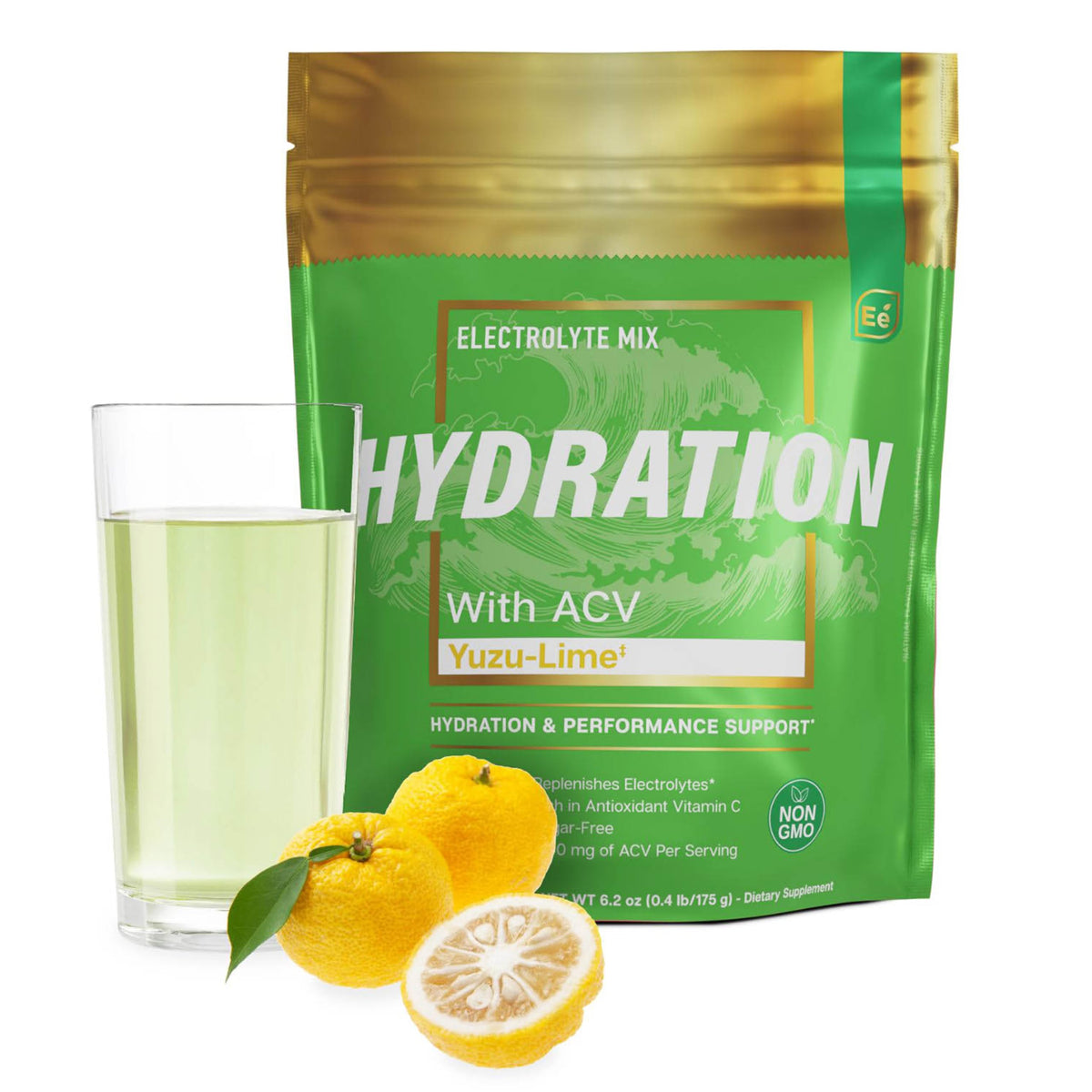 Essential Elements frontal del empaque mostrando 25 sobres y sabor Yuzu Lime, práctico para llevar