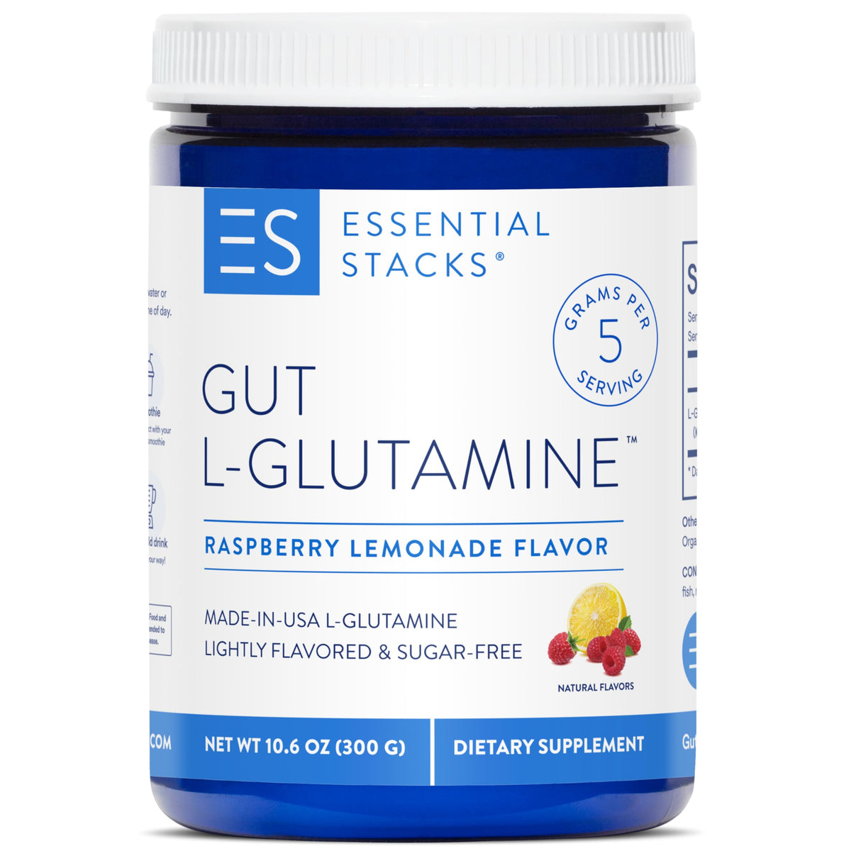 Essential Stacks envase frontal mostrando la marca y sabor Raspberry Lemonade, aporta confianza