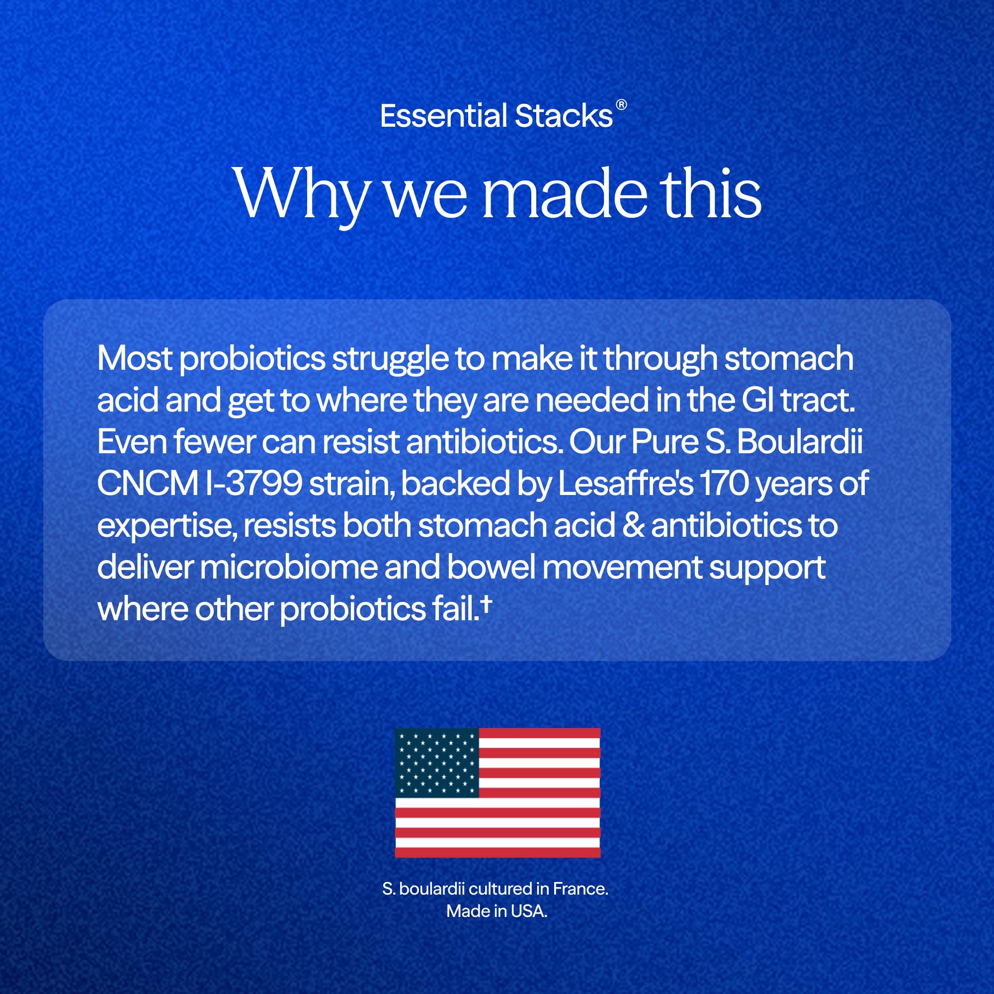 Essential Stacks etiqueta con la cepa Lynside CNCM I-3799 visible y fiable