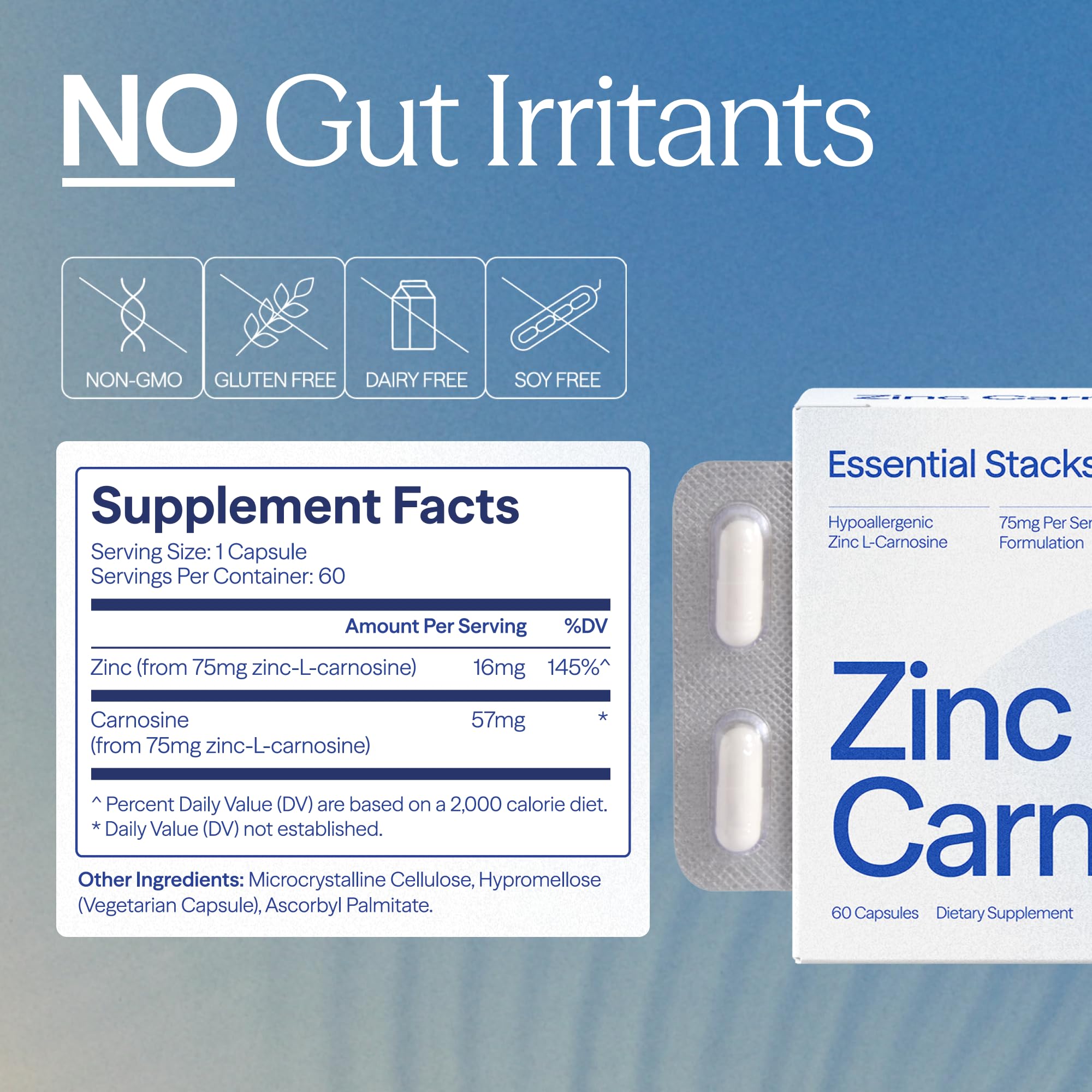 Essential Stacks etiqueta nutricional legible con dosis y advertencias