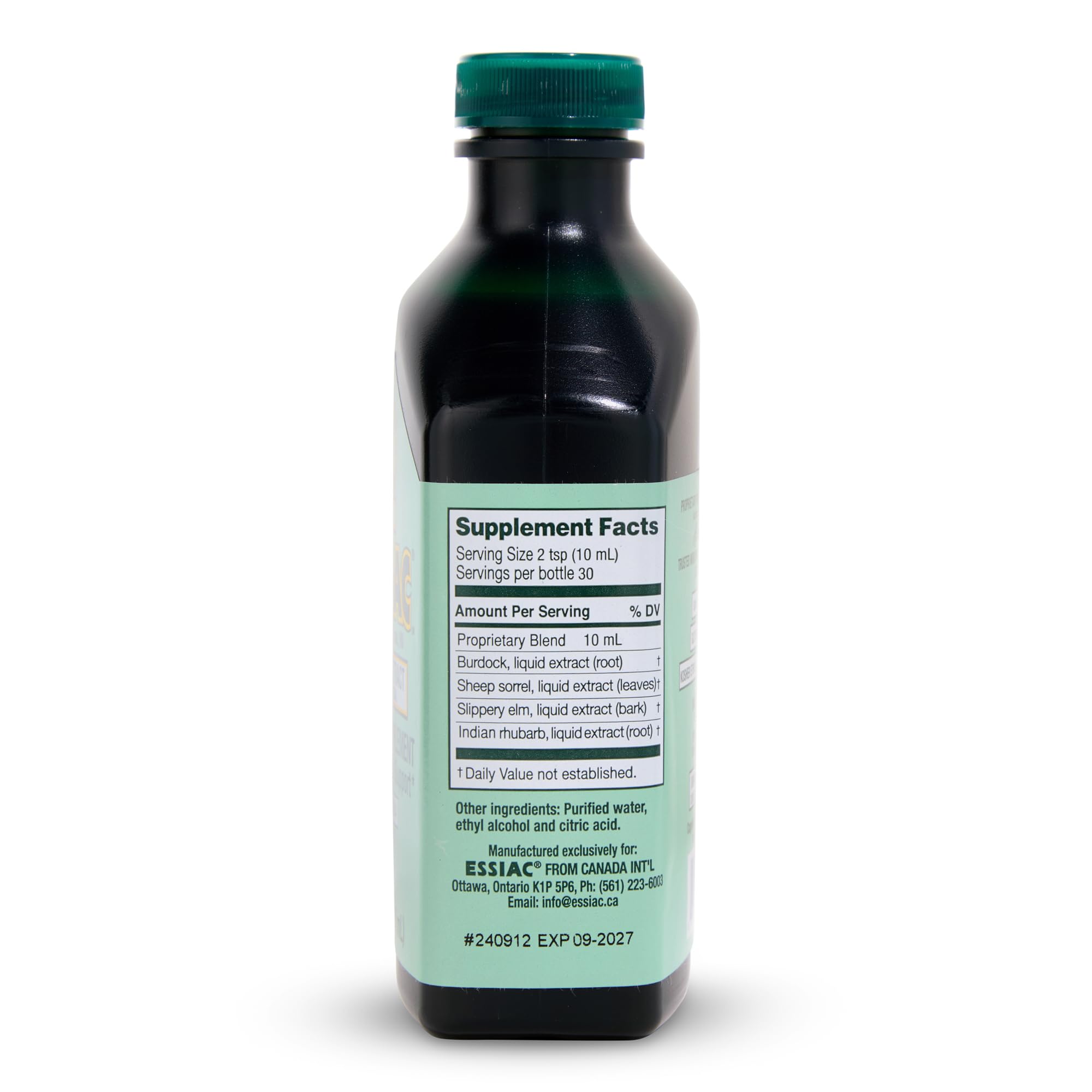 Essiac botella junto a regla para comparar escala y volumen del producto