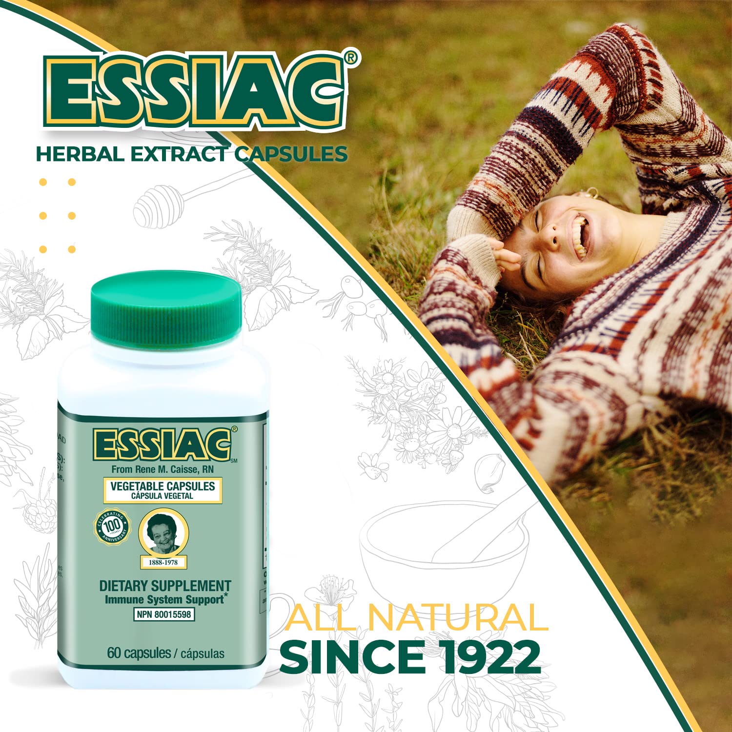 Essiac frasco en mesa con hierbas, imagen de tradición y origen natural