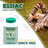 Essiac frasco en mesa con hierbas, imagen de tradición y origen natural
