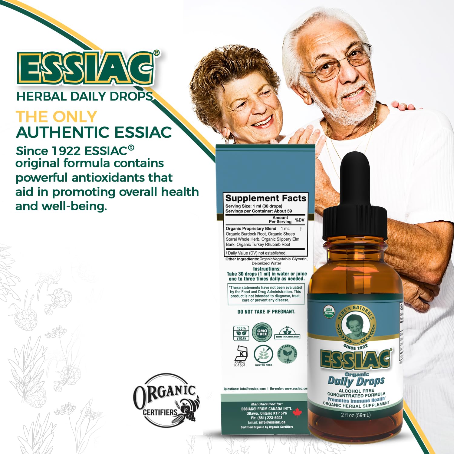 Essiac etiqueta destacando receta histórica y autenticidad