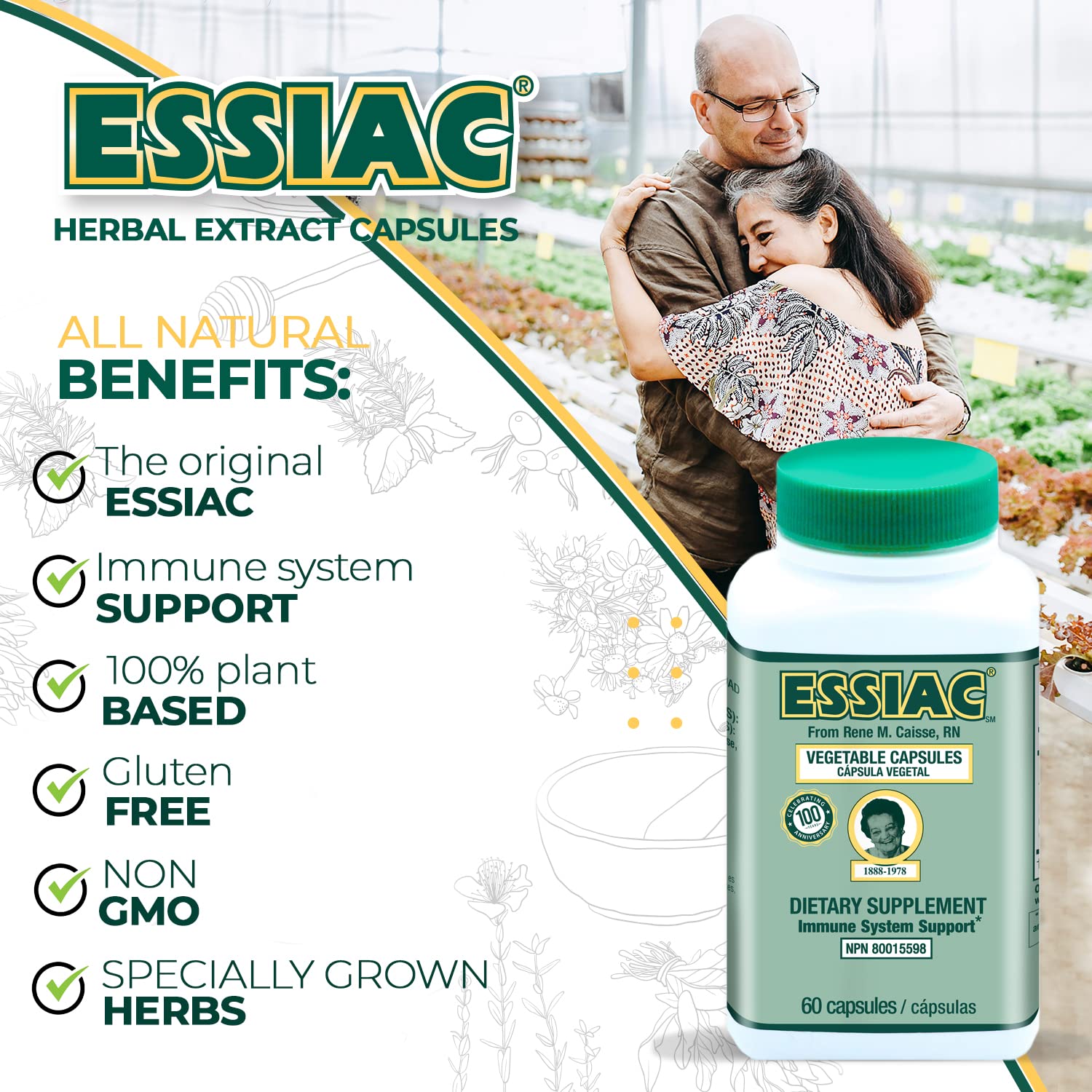 Essiac etiqueta con lista de ingredientes, transparencia y confianza