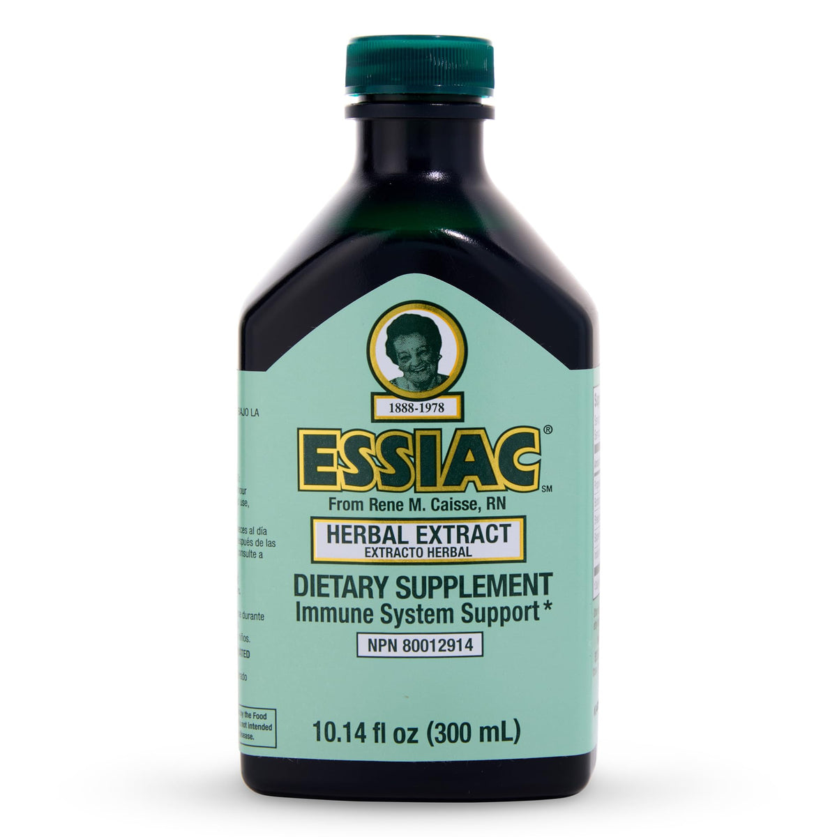 Essiac botella frontal mostrando el envase y tamaño 10.14 fl oz para fácil identificación