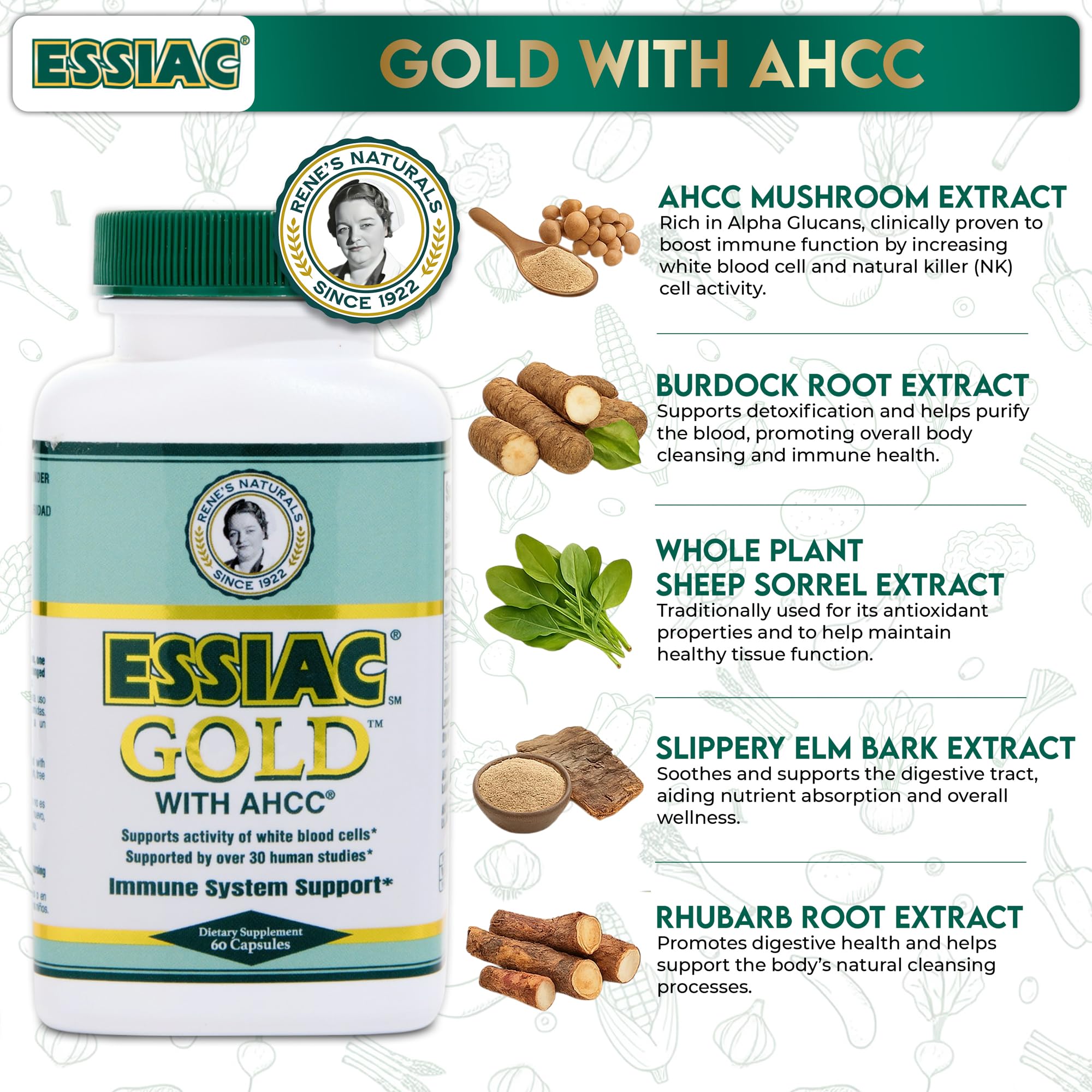 Capsulas Essiac Gold en primer plano, fácil de tomar y dosificar