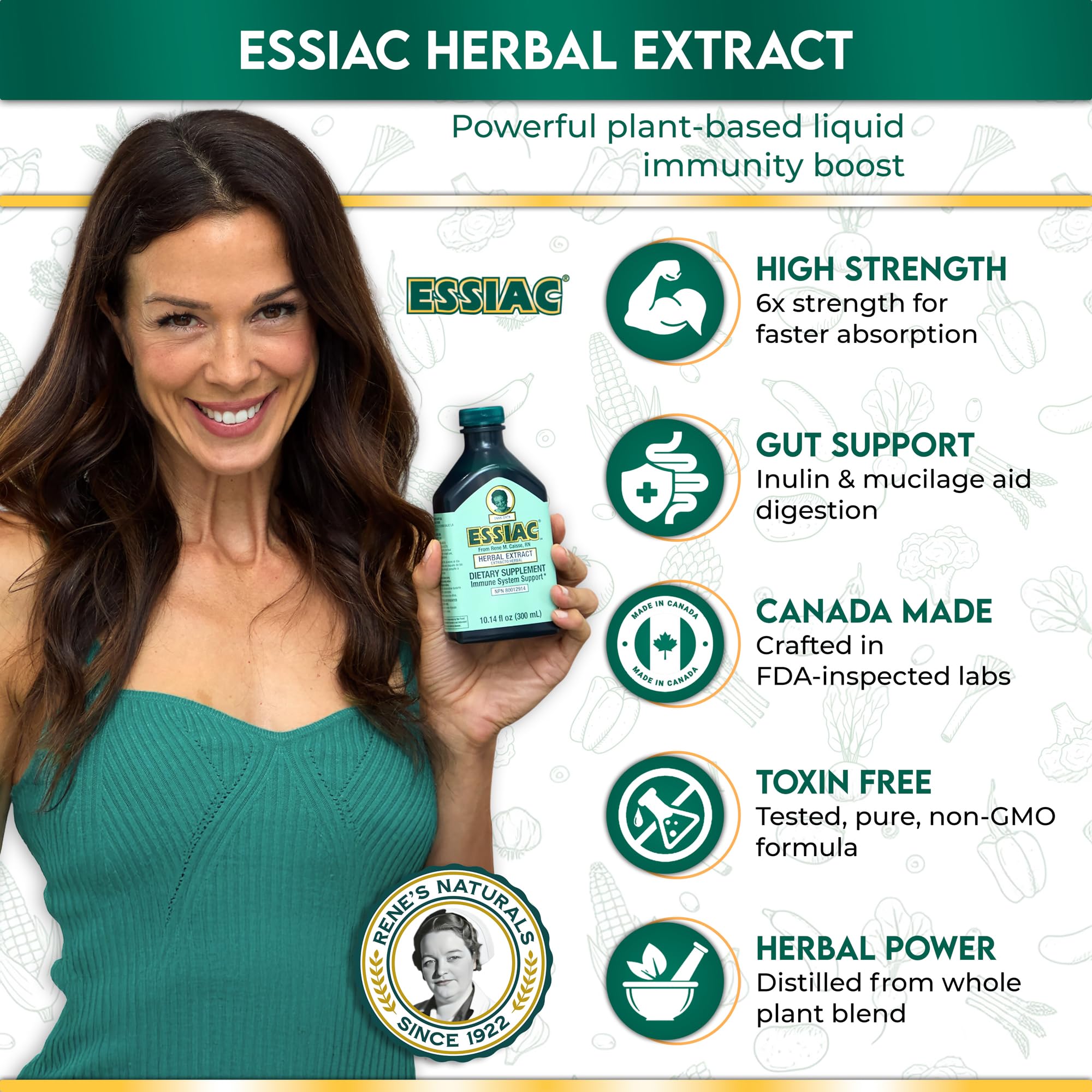 Essiac ingredientes secos (bardana, rumex, olmo, ruibarbo) junto al frasco clarificando origen