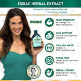 Essiac ingredientes secos (bardana, rumex, olmo, ruibarbo) junto al frasco clarificando origen