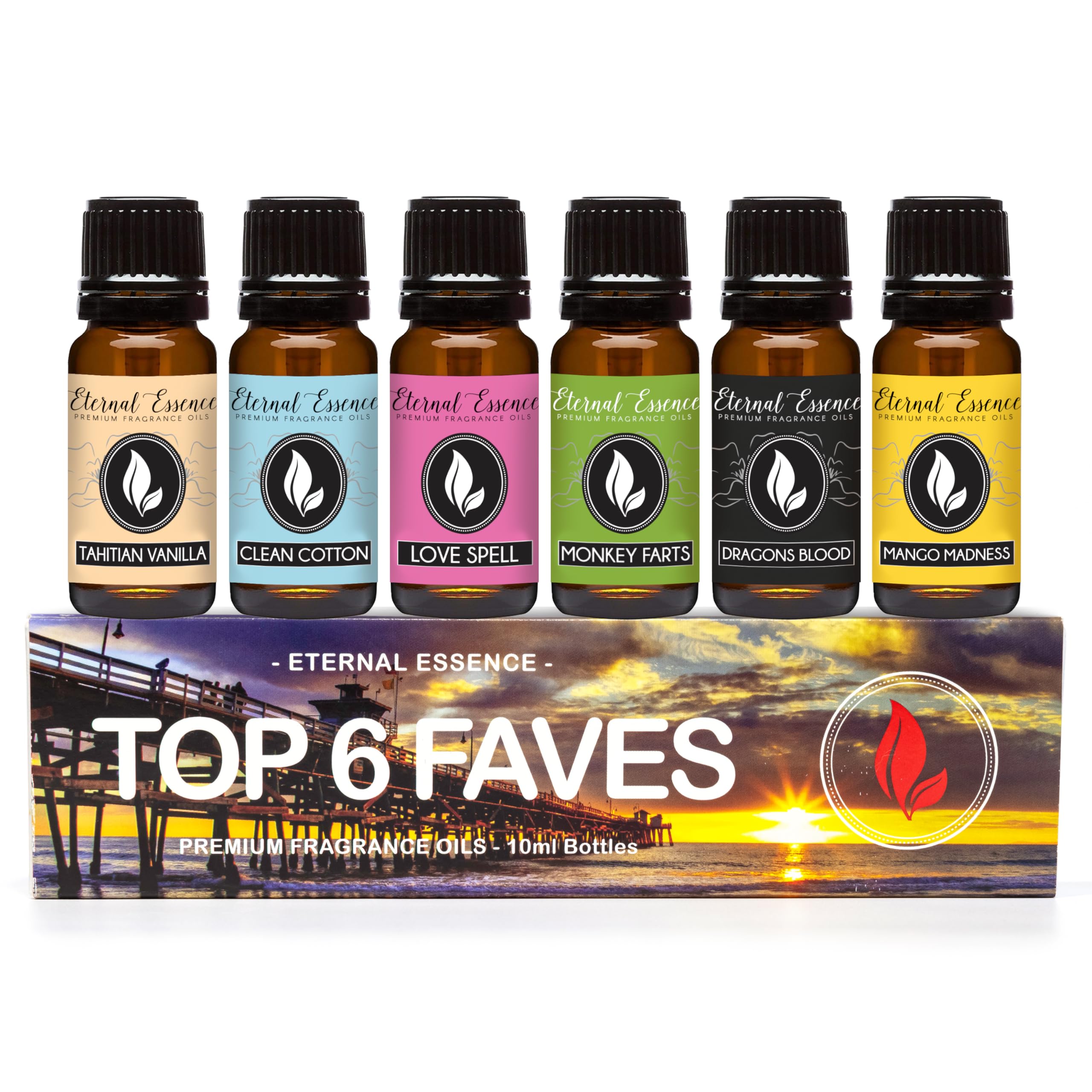 Eternal Essence Oils frascos frontales mostrando seis fragancias, facilita elección