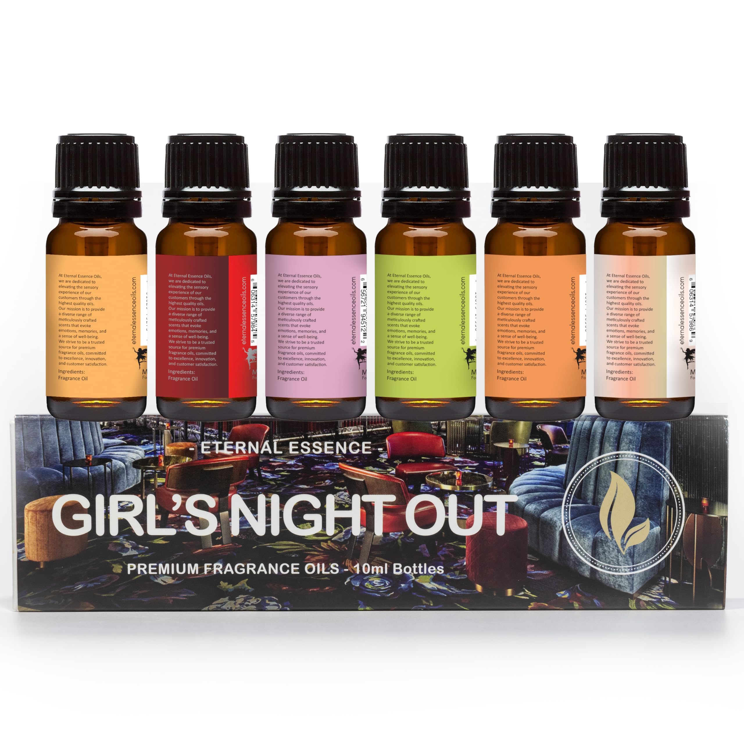 Eternal Essence Oils ambiente de fiesta con botellas, sugiere atmósfera alegre