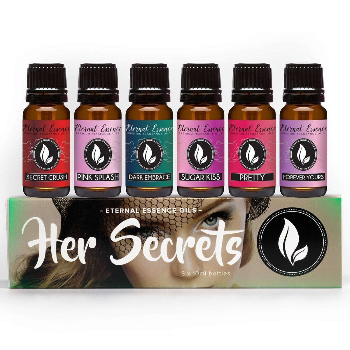 Eternal Essence Oils vista frontal del set de seis frascos muestra variedad y conveniencia