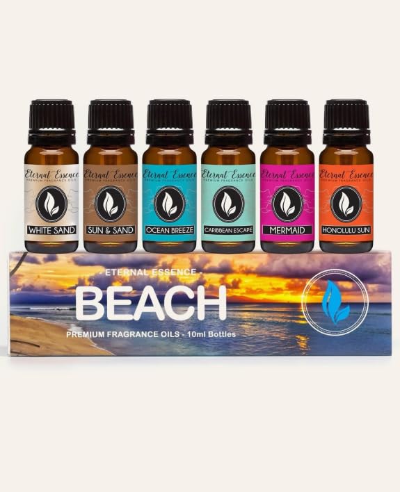 Eternal Essence Oils vista frontal del set Beach en frascos ámbar, presentación atractiva