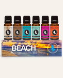Eternal Essence Oils vista frontal del set Beach en frascos ámbar, presentación atractiva