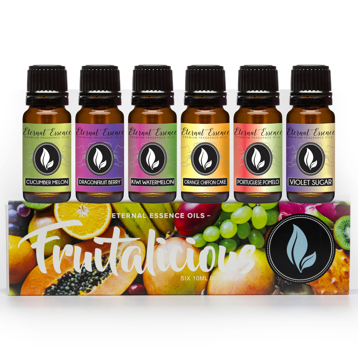 Eternal Essence Oils frontal con seis frascos 10 ml mostrando variedad y calidad