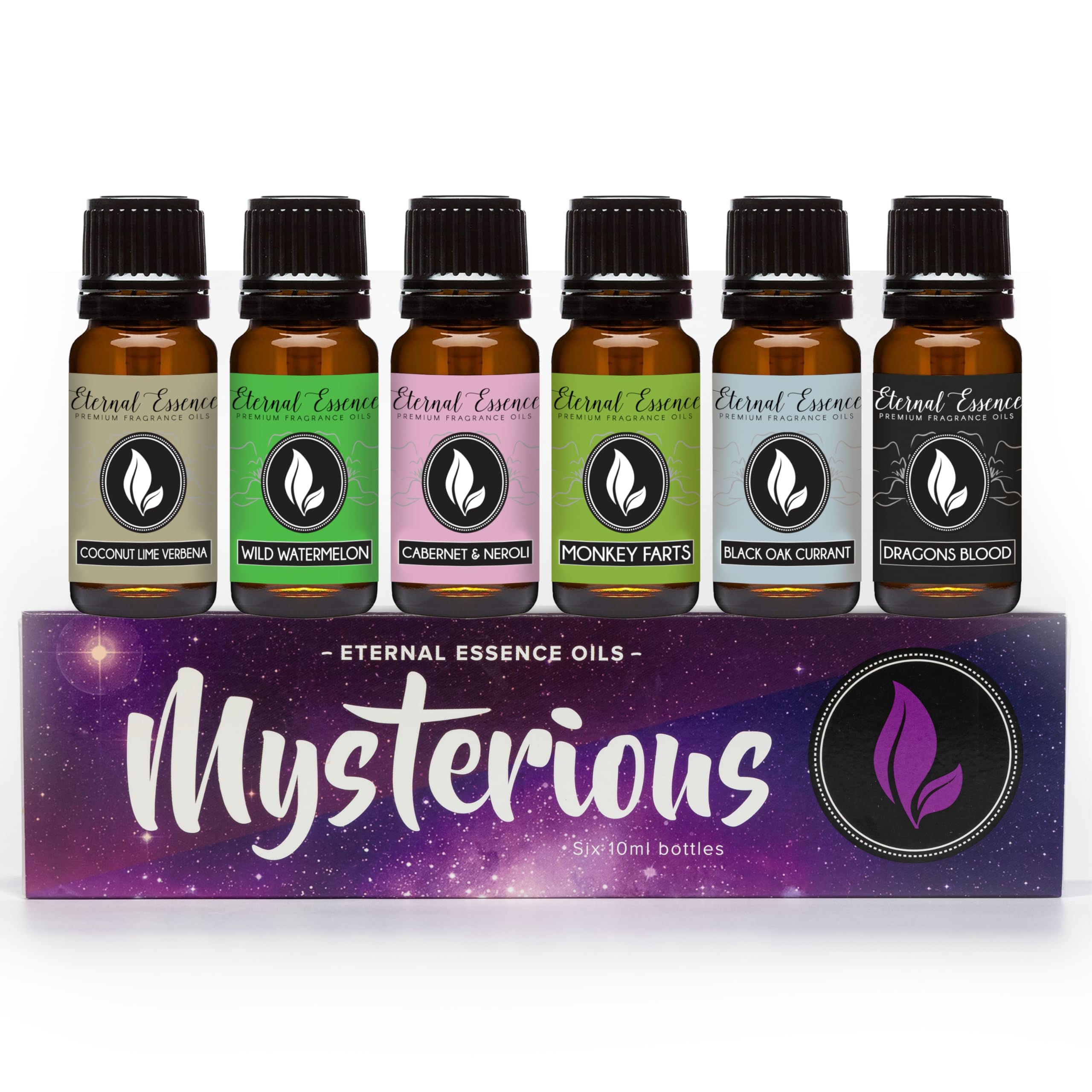 Eternal Essence Oils set frontal mostrando seis botellas, presentación y variedad