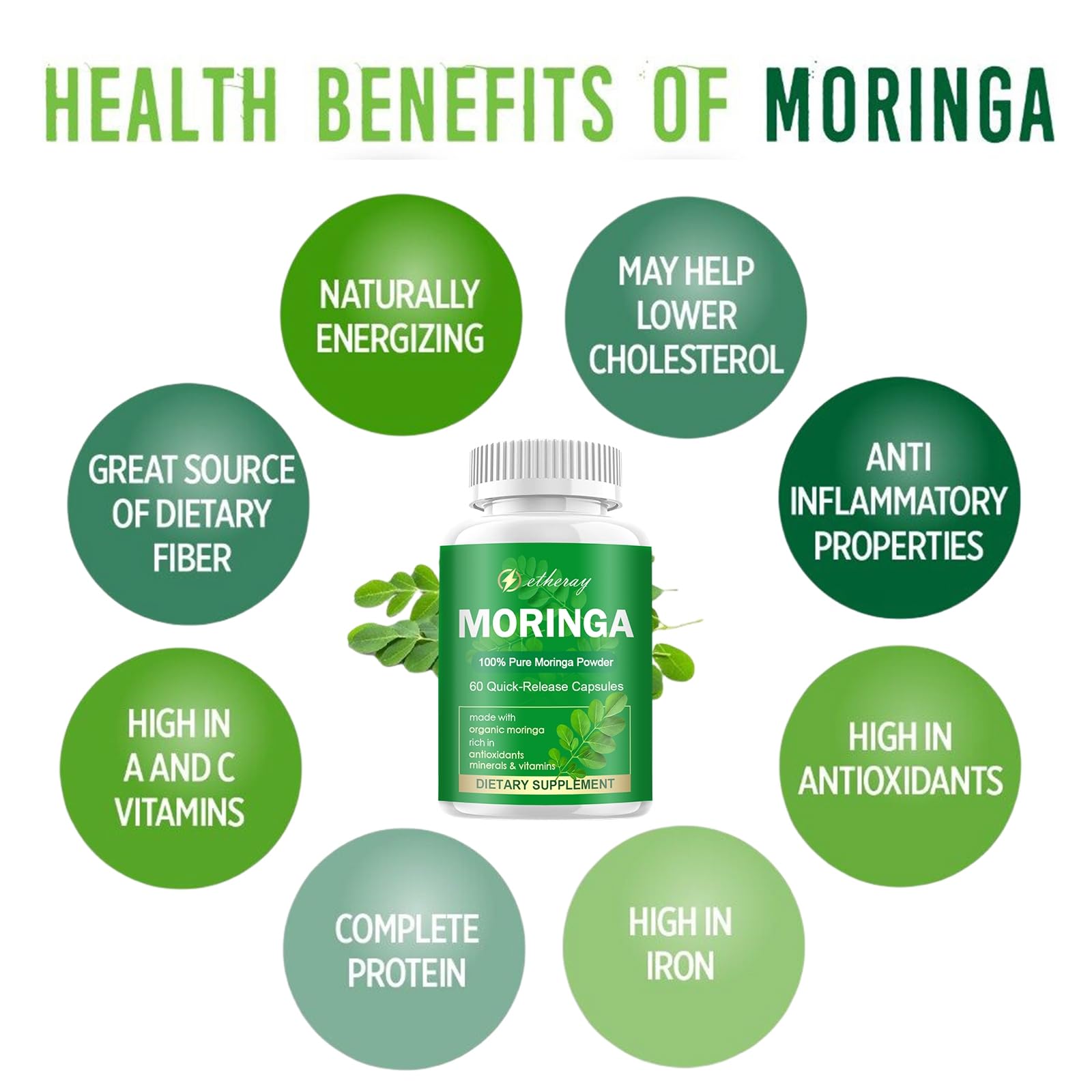etheray hojas y polvo de moringa en primer plano destacando origen vegetal