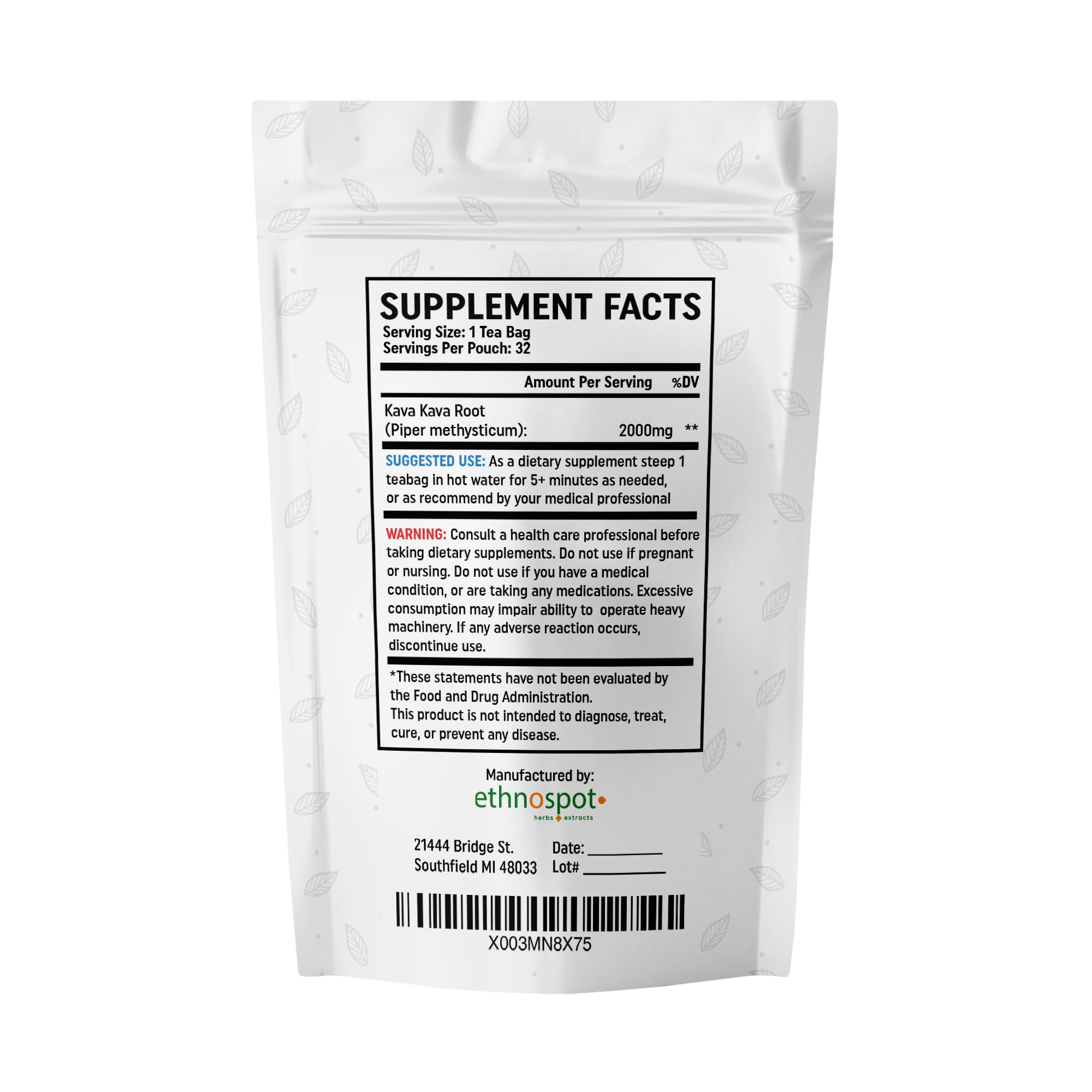 Ethnospot etiqueta con lista de ingredientes 100% raíz de kava