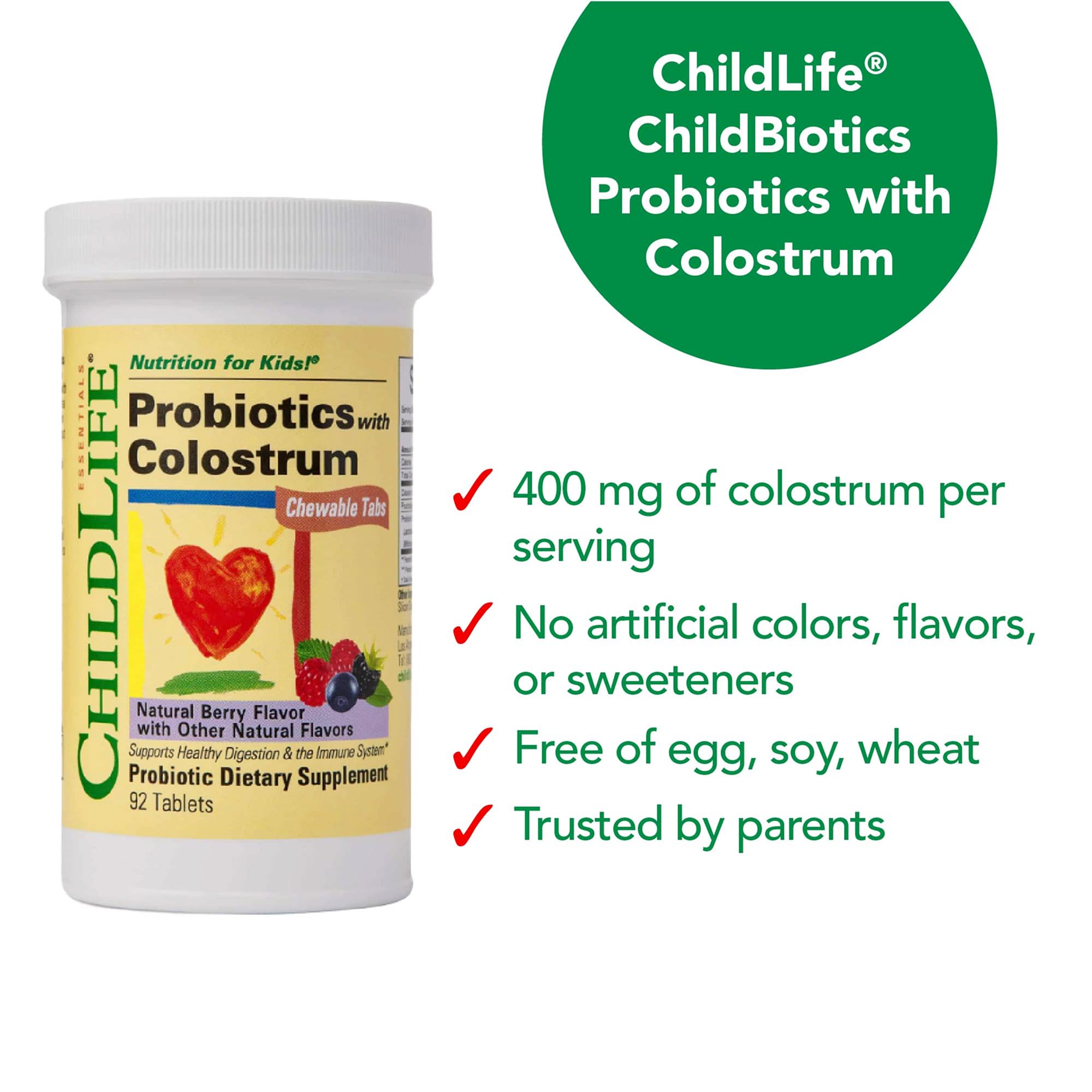 Primer plano de la etiqueta nutricional de ChildBiotics mostrando ingredientes y seguridad