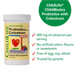 Primer plano de la etiqueta nutricional de ChildBiotics mostrando ingredientes y seguridad