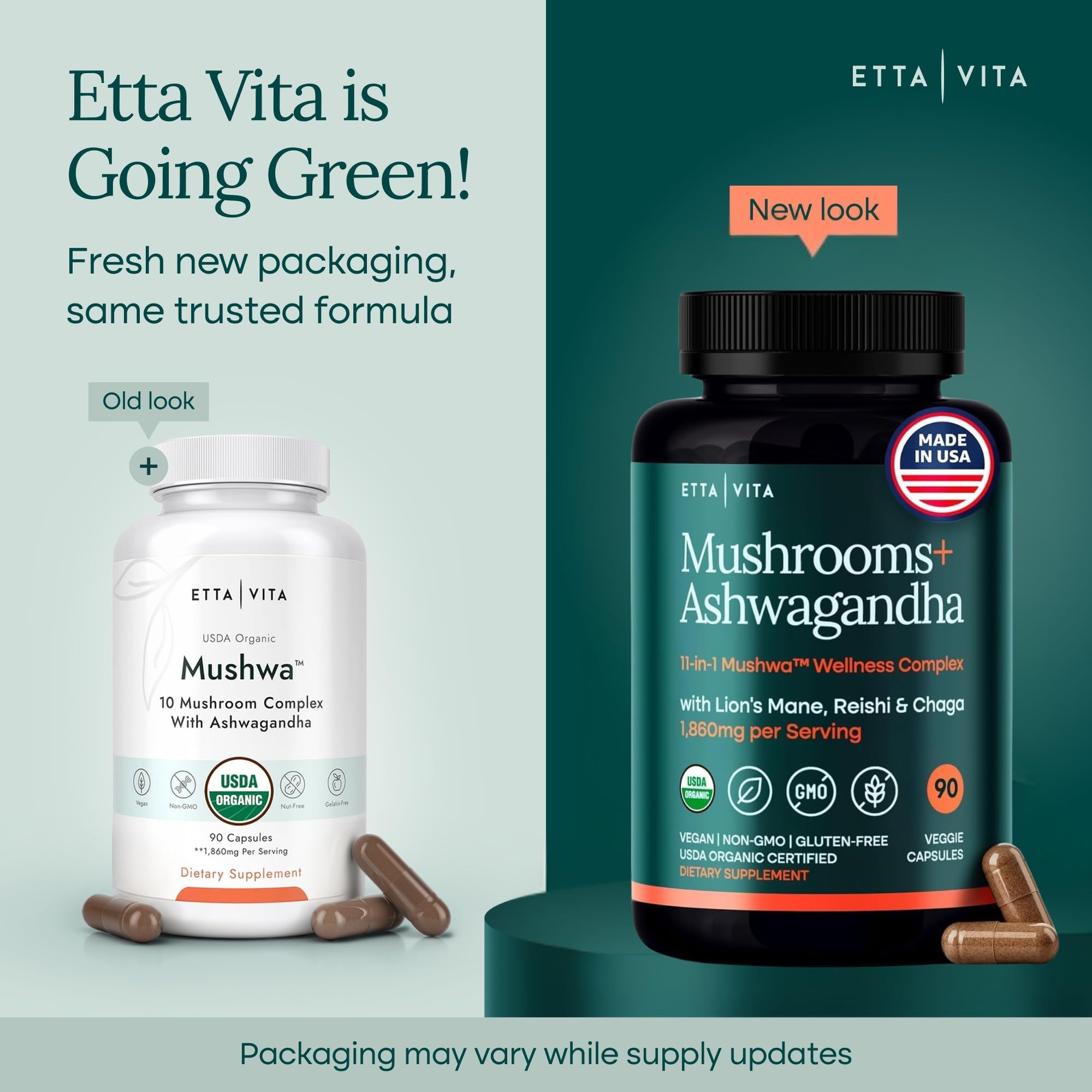 Etta Vita cápsulas veganas junto al empaque mostrando conveniencia