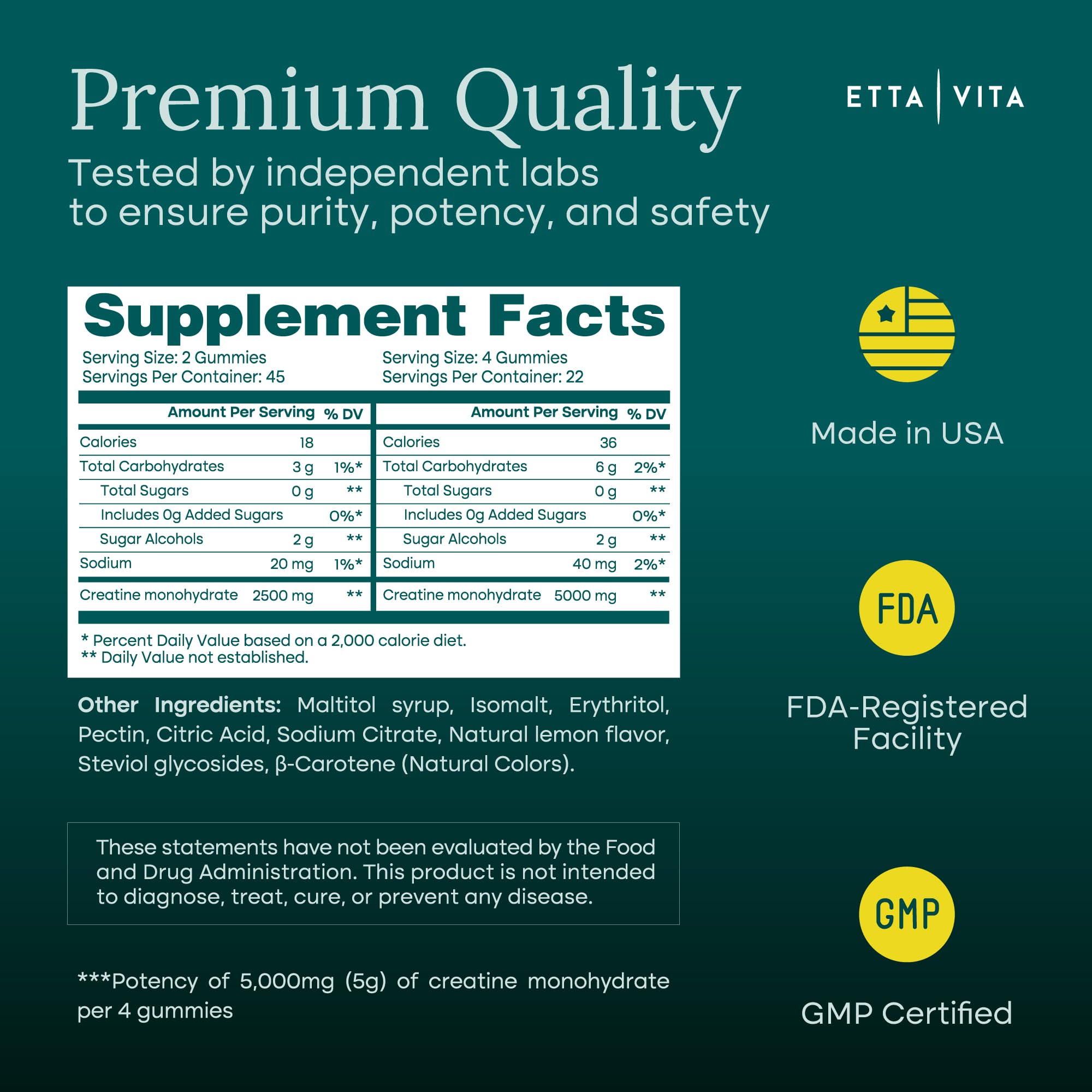 Etta Vita etiqueta nutricional legible, certificaciones y dosis de 5 g