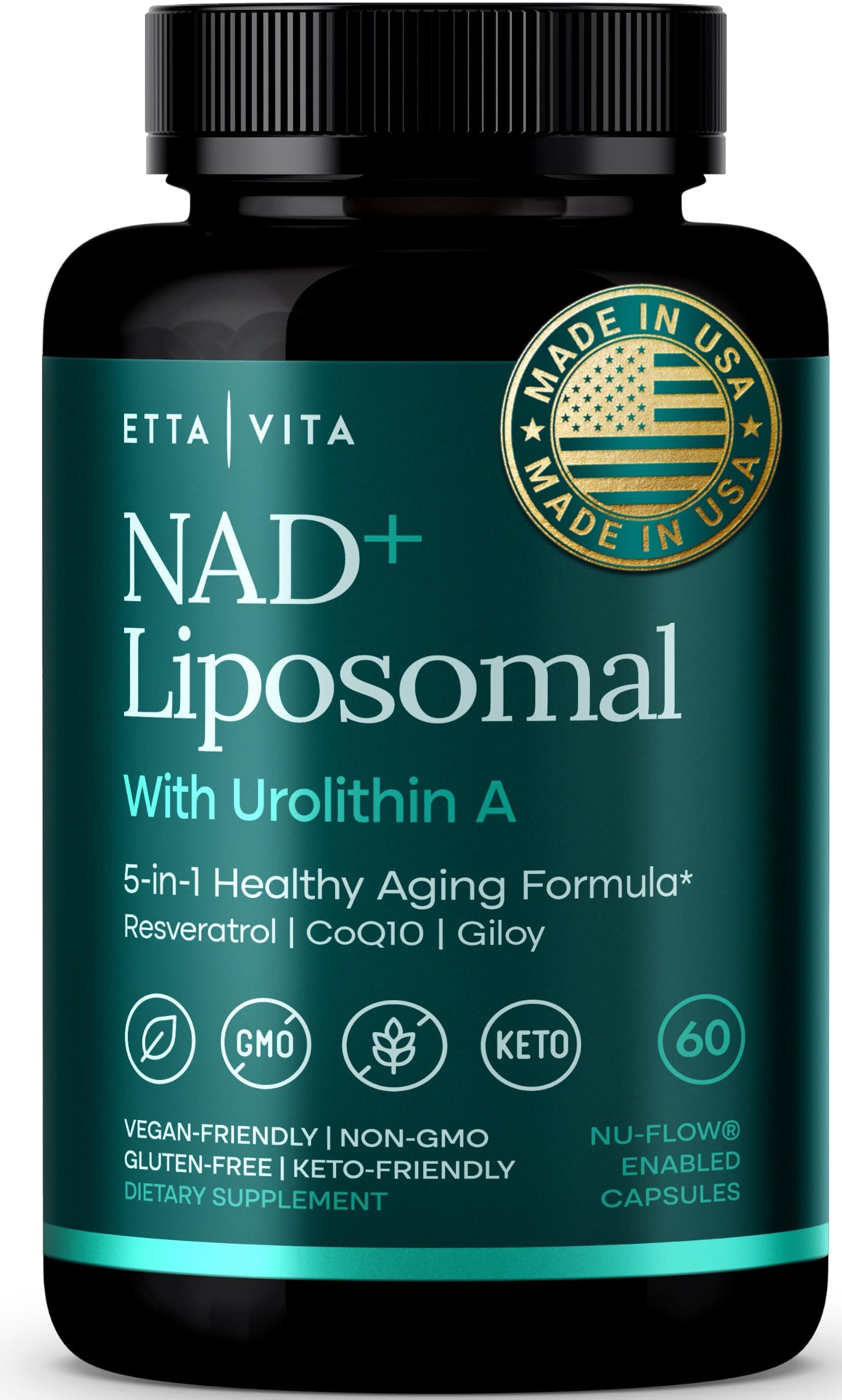 Etta Vita frasco frontal que muestra la fórmula liposomal y beneficios energéticos