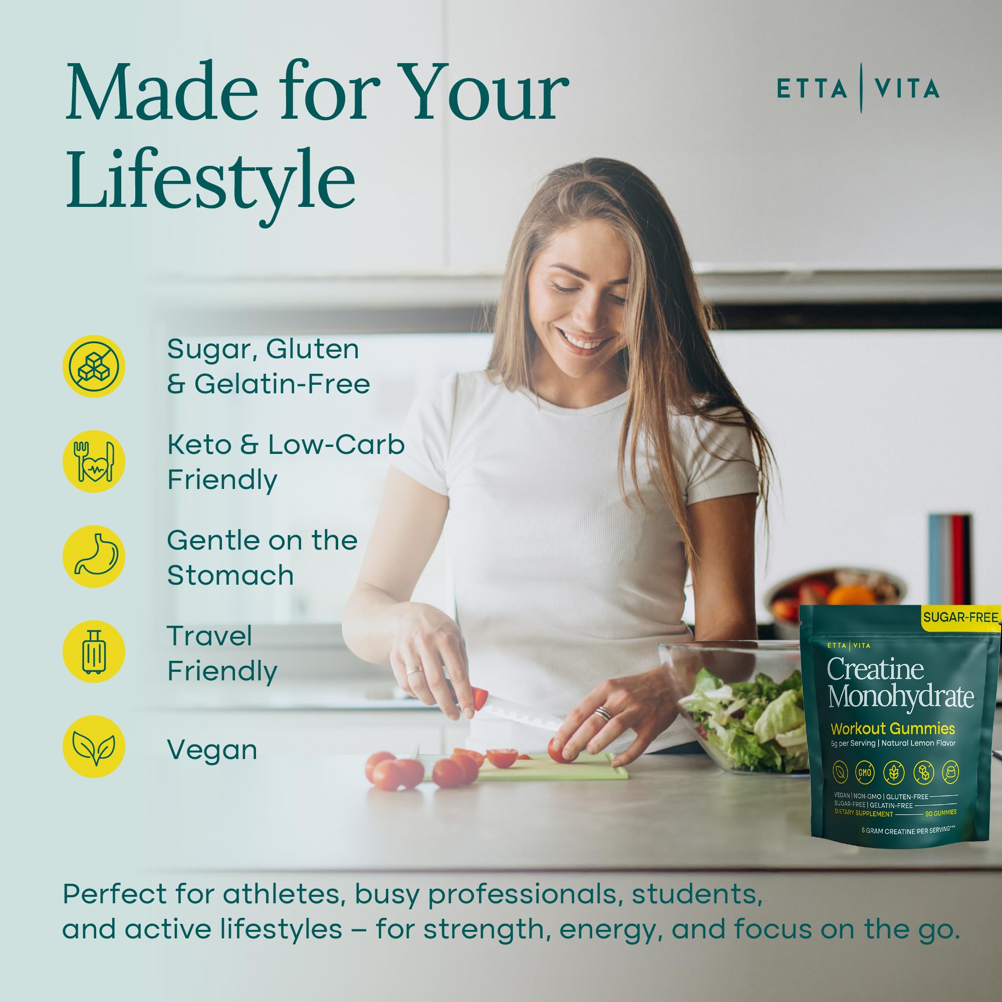 Etta Vita cuadro con ingredientes clave y garantía de pruebas de terceros