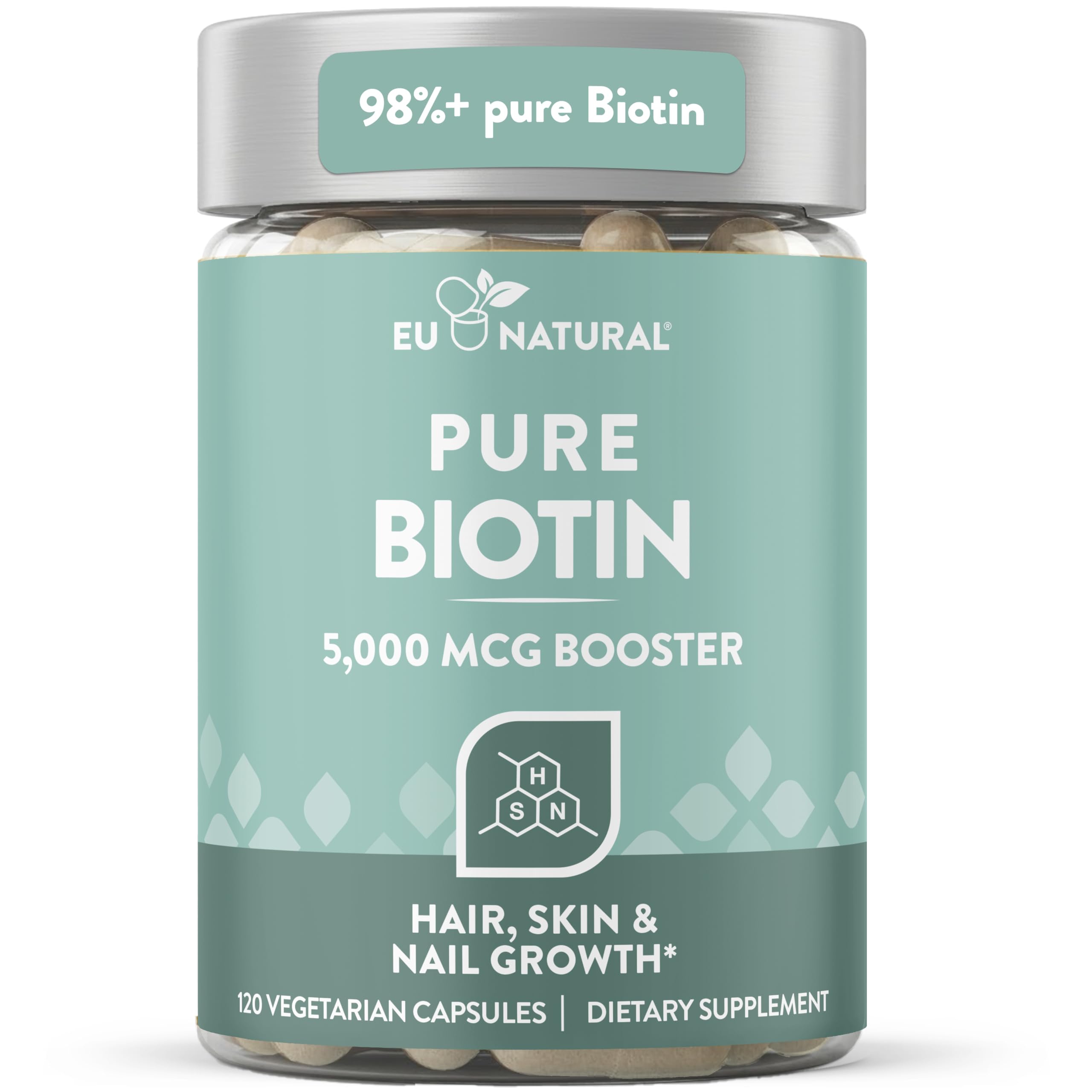 Eu Natural envase frontal mostrando Biotin 5000 mcg y beneficios visibles
