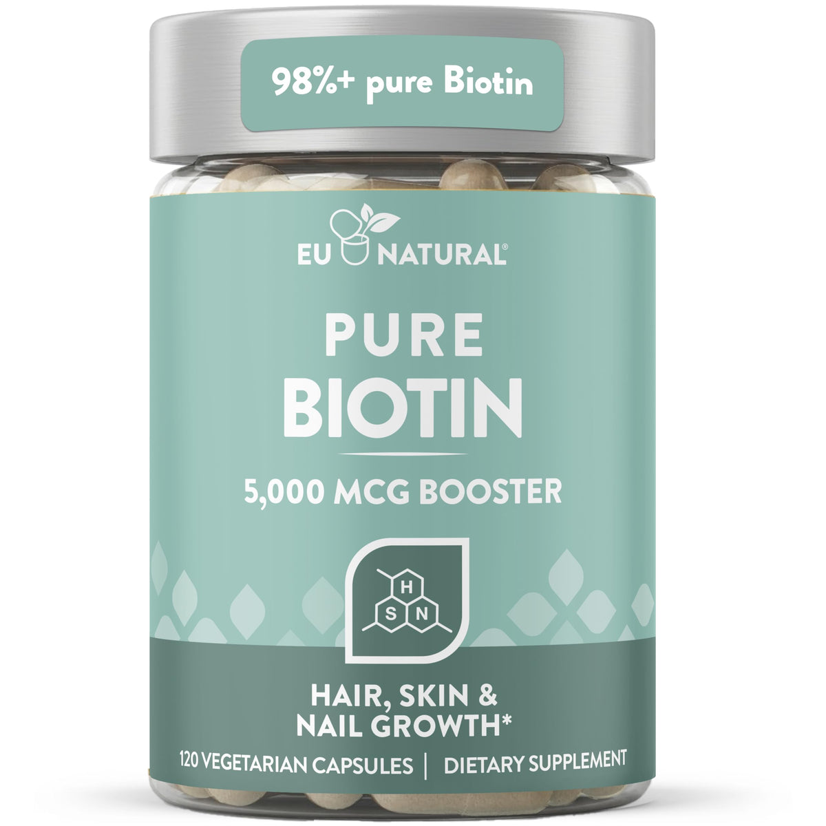 Eu Natural envase frontal mostrando Biotin 5000 mcg y beneficios visibles