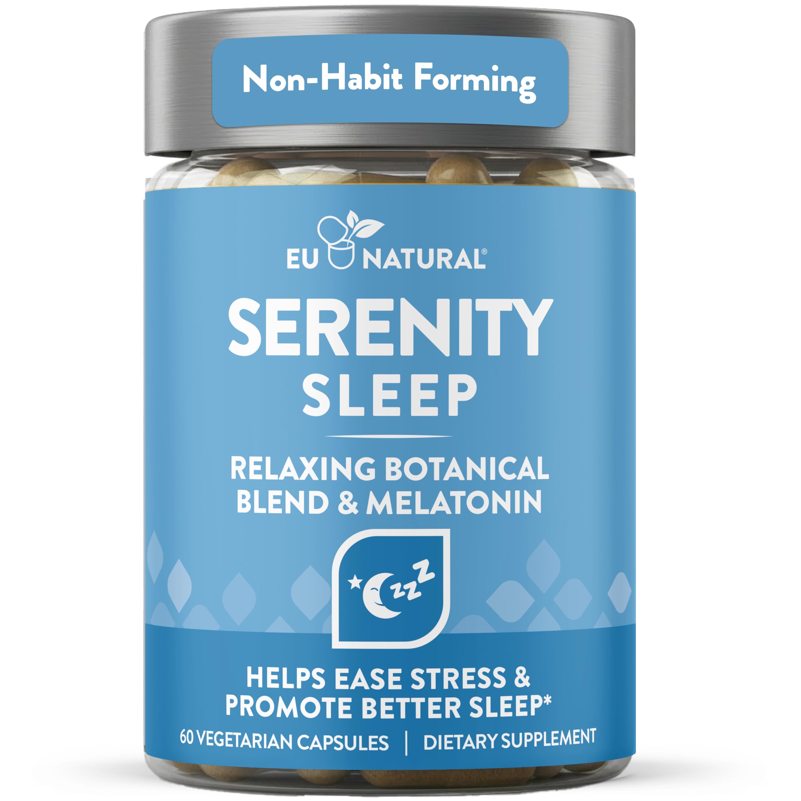 Eu Natural botella frontal mostrando Serenity Sleep para sueño reparador