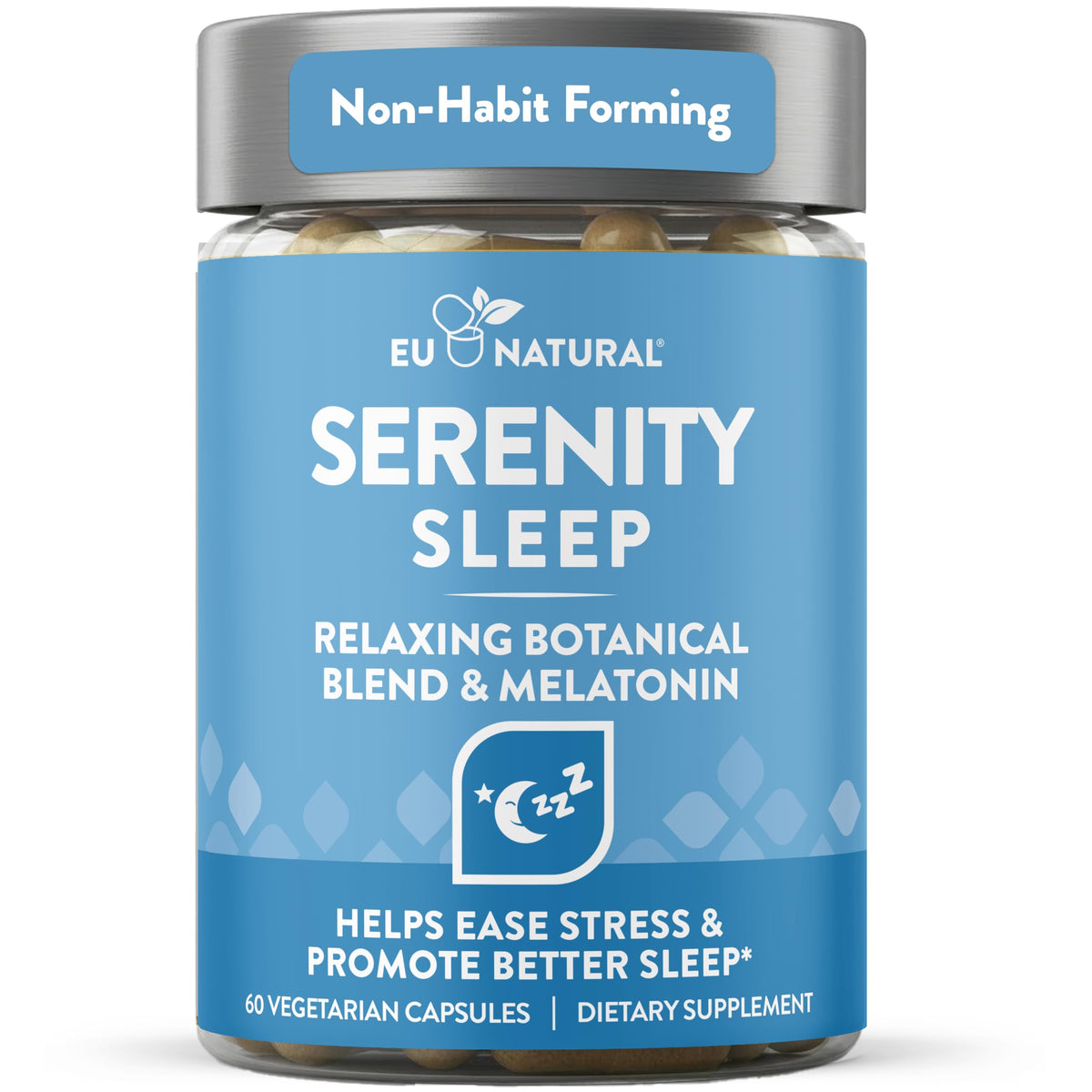 Eu Natural botella frontal mostrando Serenity Sleep para sueño reparador