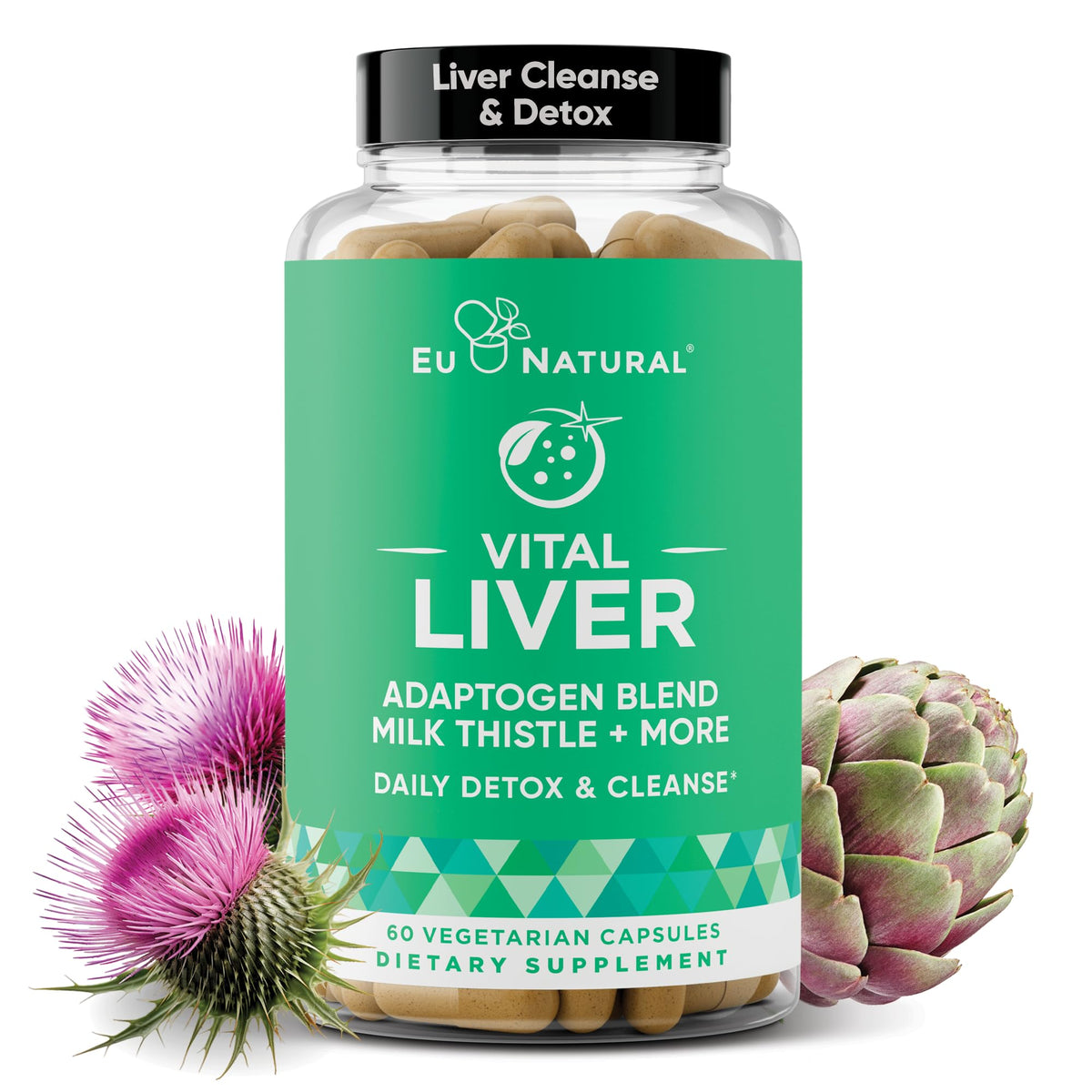 Eu Natural botella frontal mostrando etiqueta y beneficio hepático