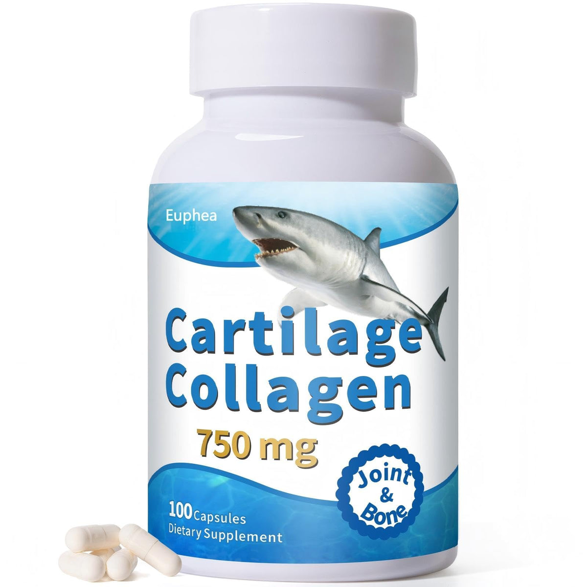 Euphea Cartilage frente del envase mostrando 100 cápsulas y beneficios