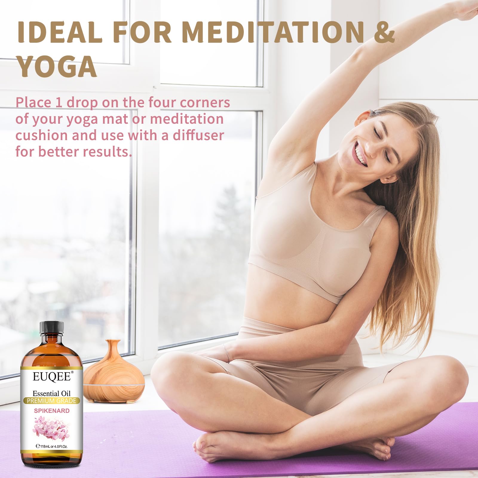 EUQEE aceite en difusor durante meditación, aroma que apoya concentración