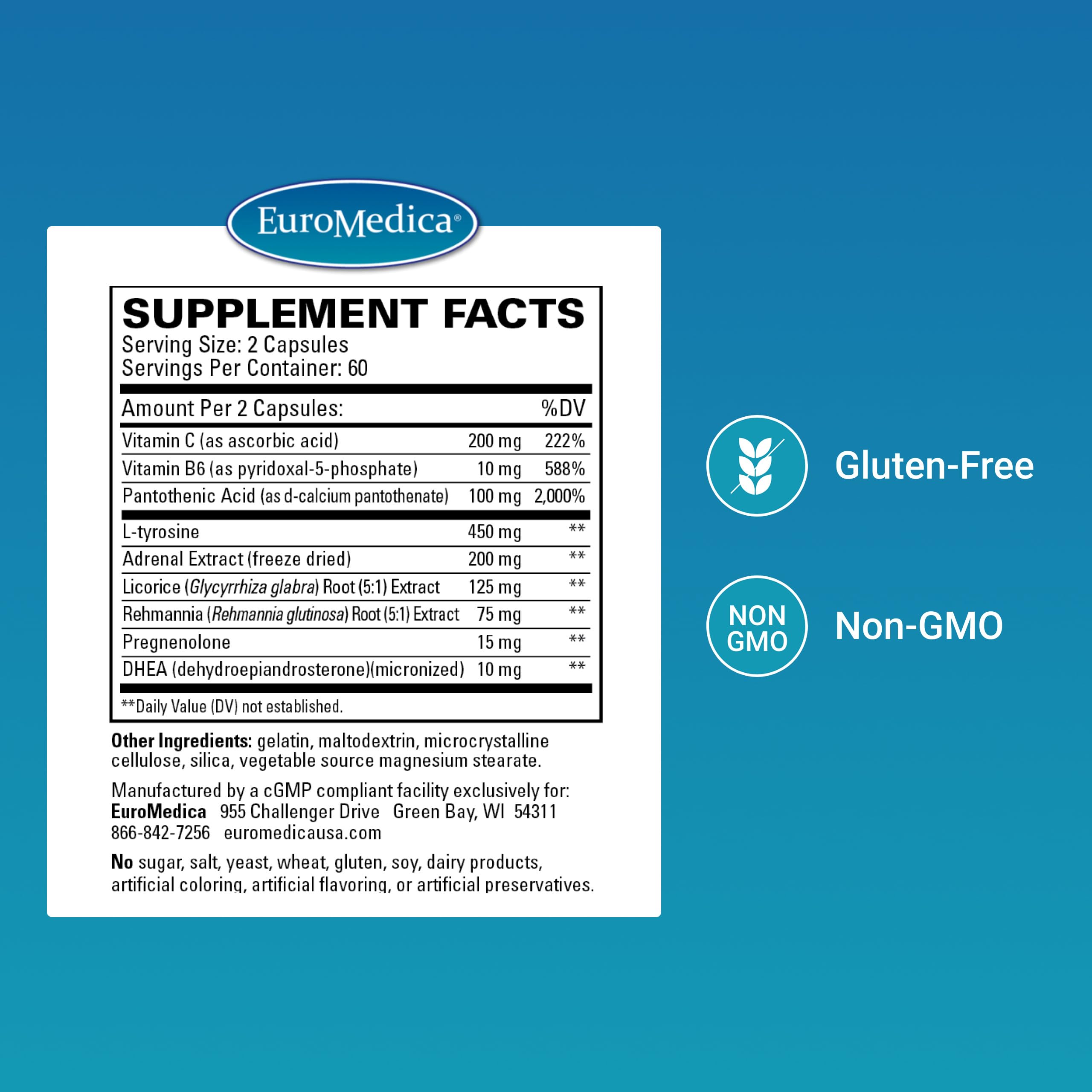 EuroMedica Adrenaplex etiqueta con ingredientes visible y beneficios clave