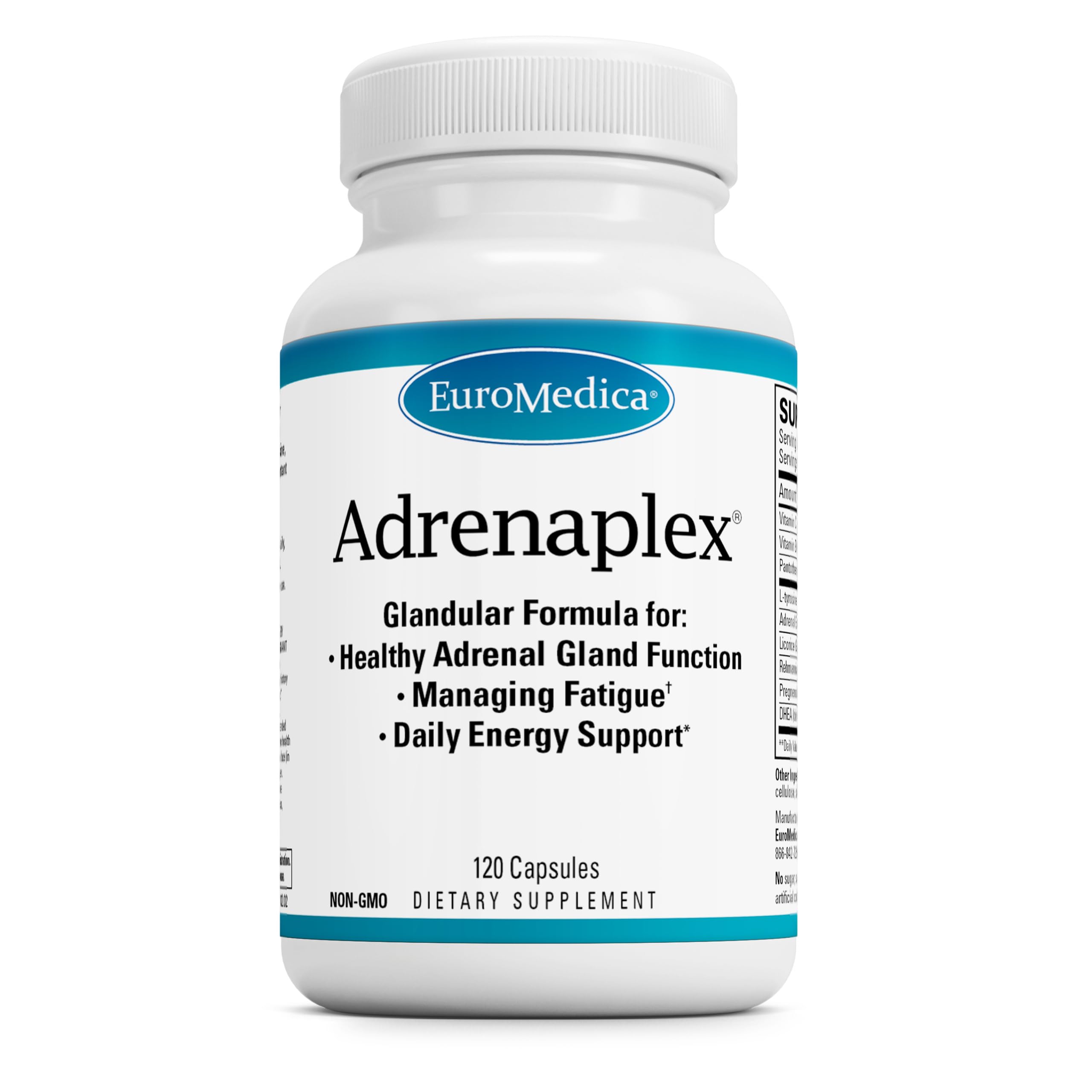 EuroMedica Adrenaplex frasco 120 cápsulas, presentación clara y segura