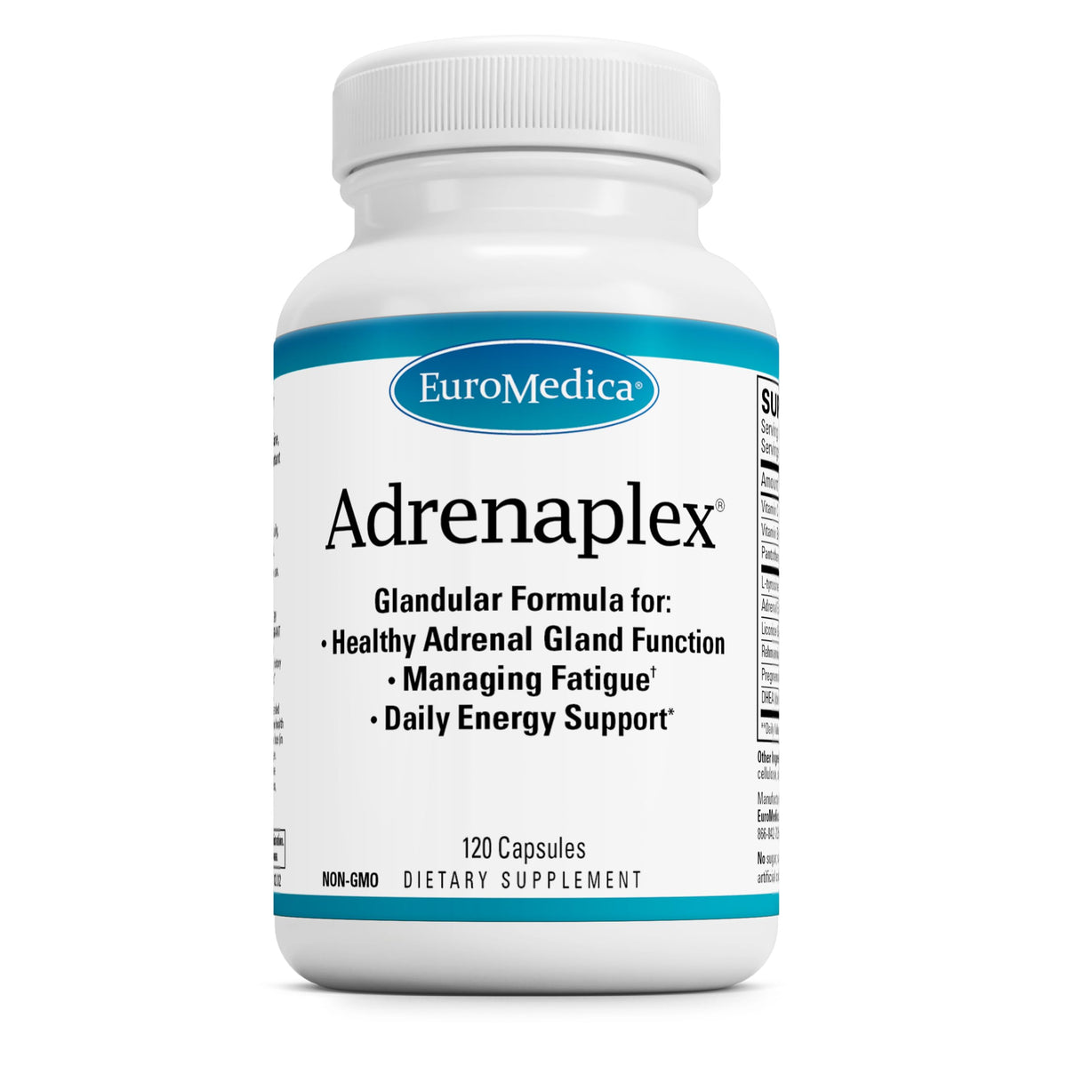 EuroMedica Adrenaplex frasco 120 cápsulas, presentación clara y segura