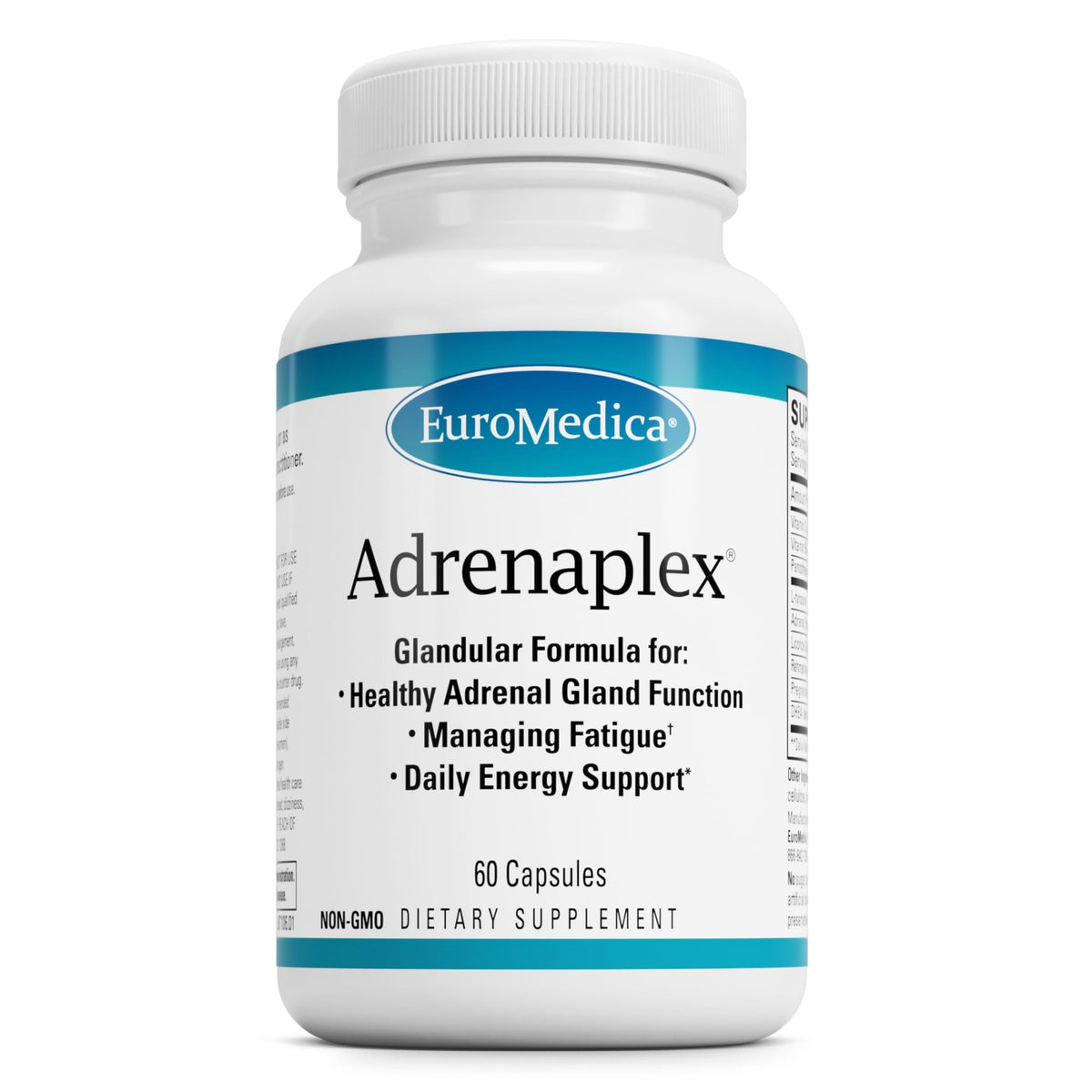 EuroMedica frasco frontal mostrando Adrenaplex y sus 60 cápsulas para apoyo suprarrenal