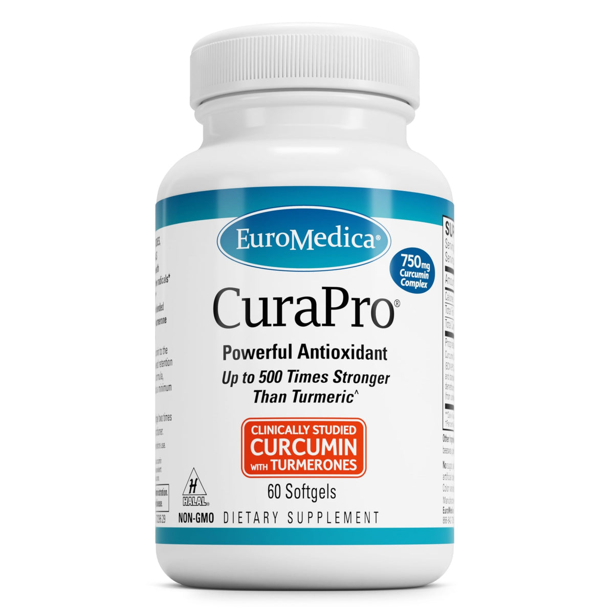EuroMedica CuraPro vista frontal del envase muestra potencia y 60 softgels
