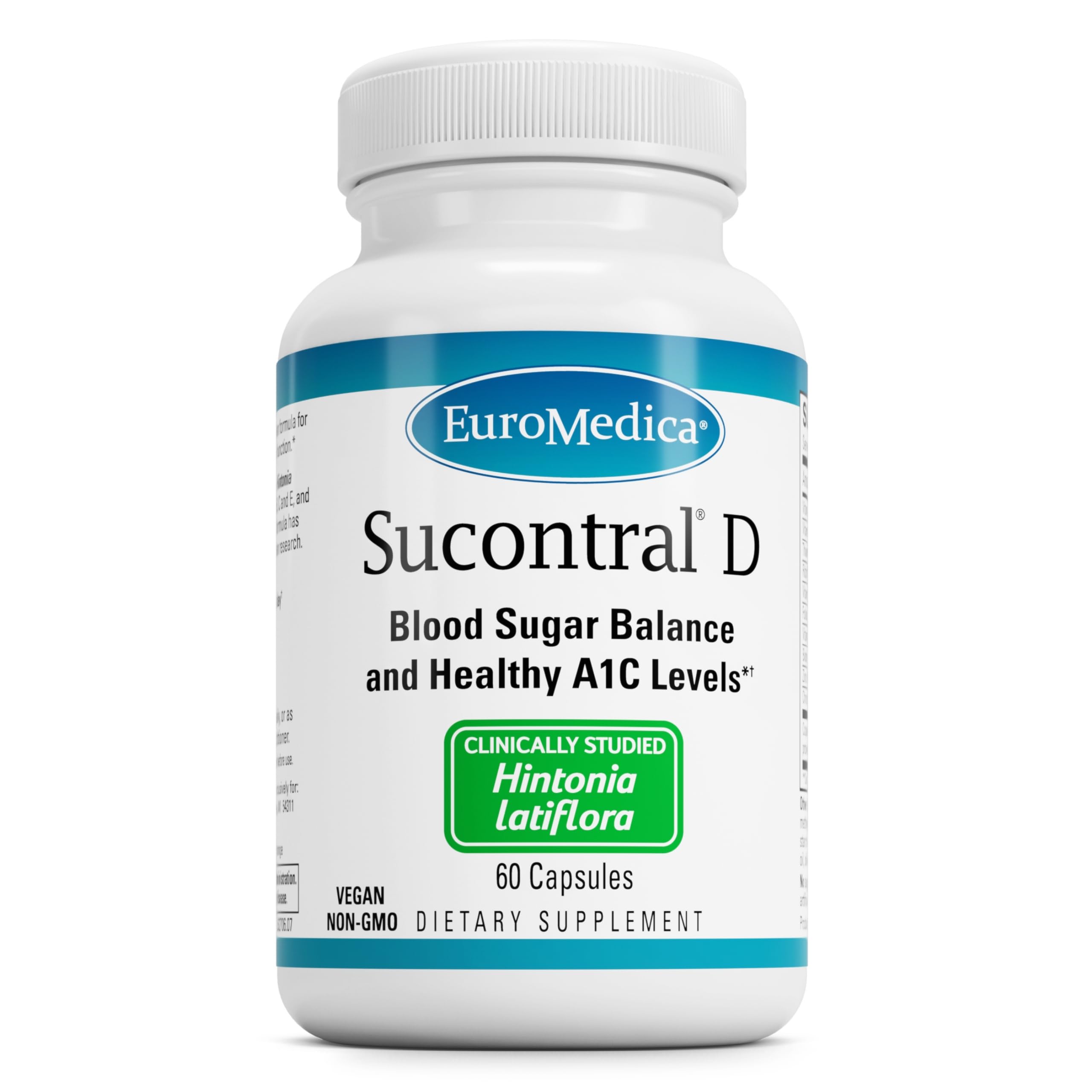 EuroMedica envase frontal de Sucontral D mostrando diseño y cantidad, apoyo a control glucémico