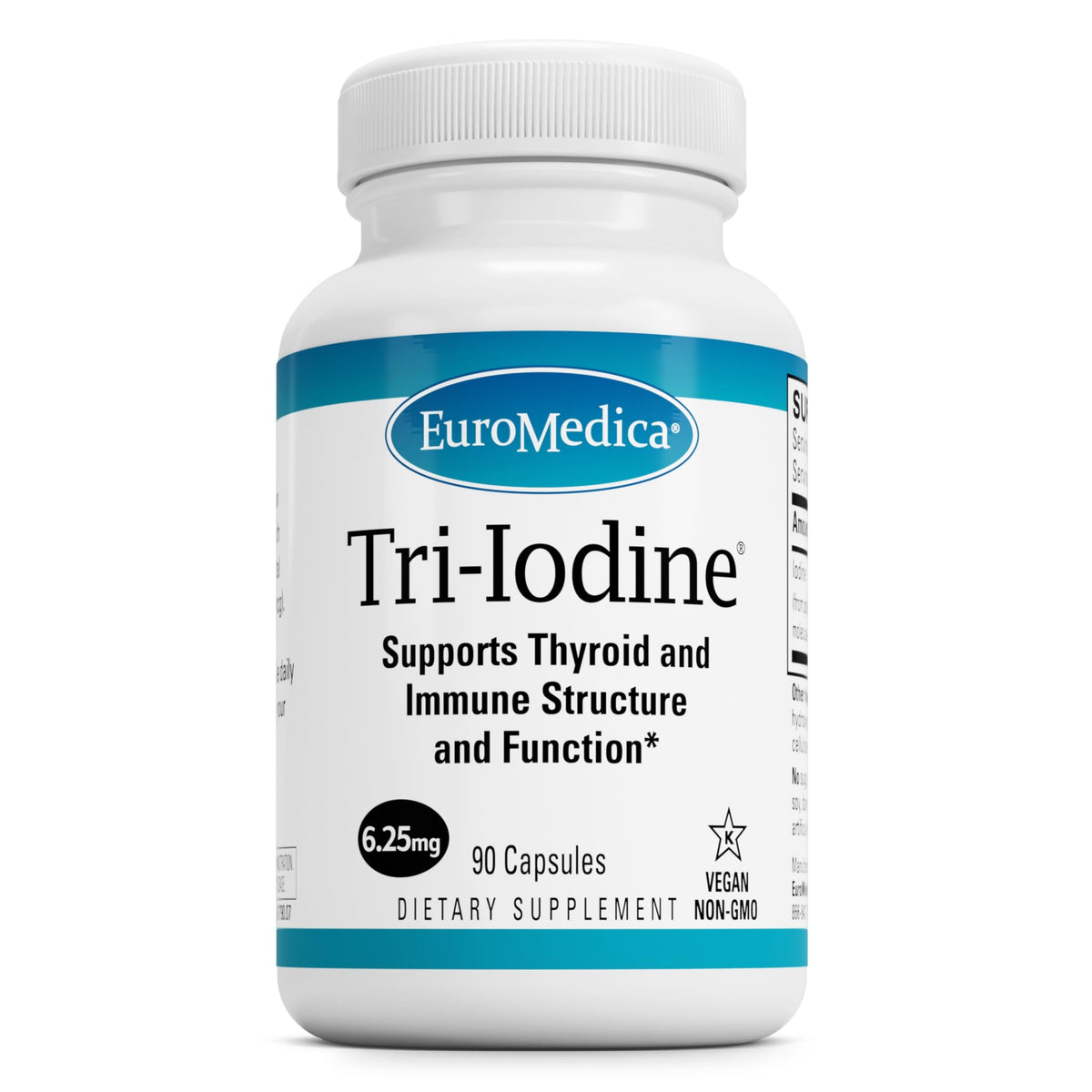 EuroMedica envase frontal de Tri-Iodine mostrando cantidad y uso